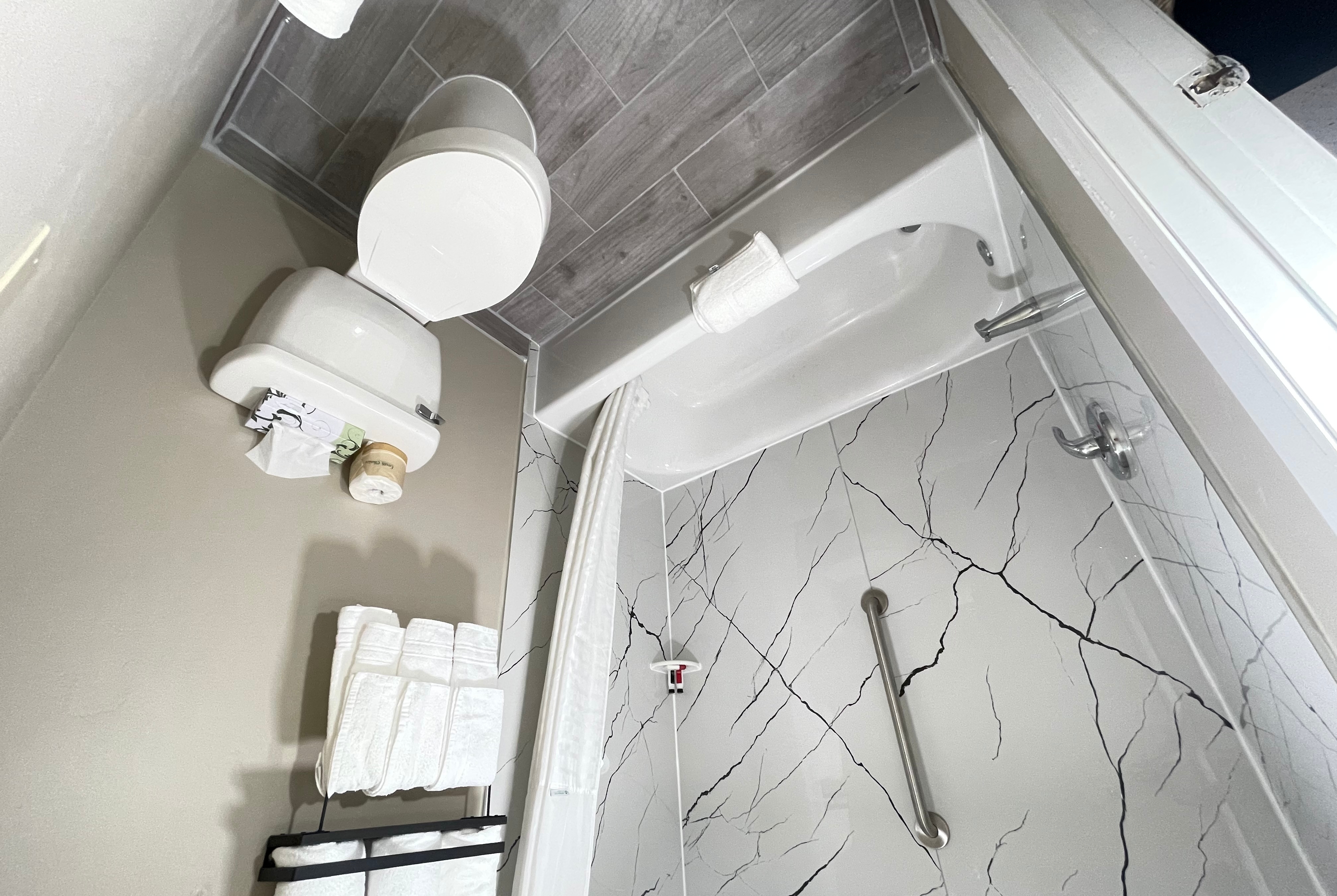 Guest room bath at the Super 8 by Wyndham Black Mountain in Black Mountain, North Carolina