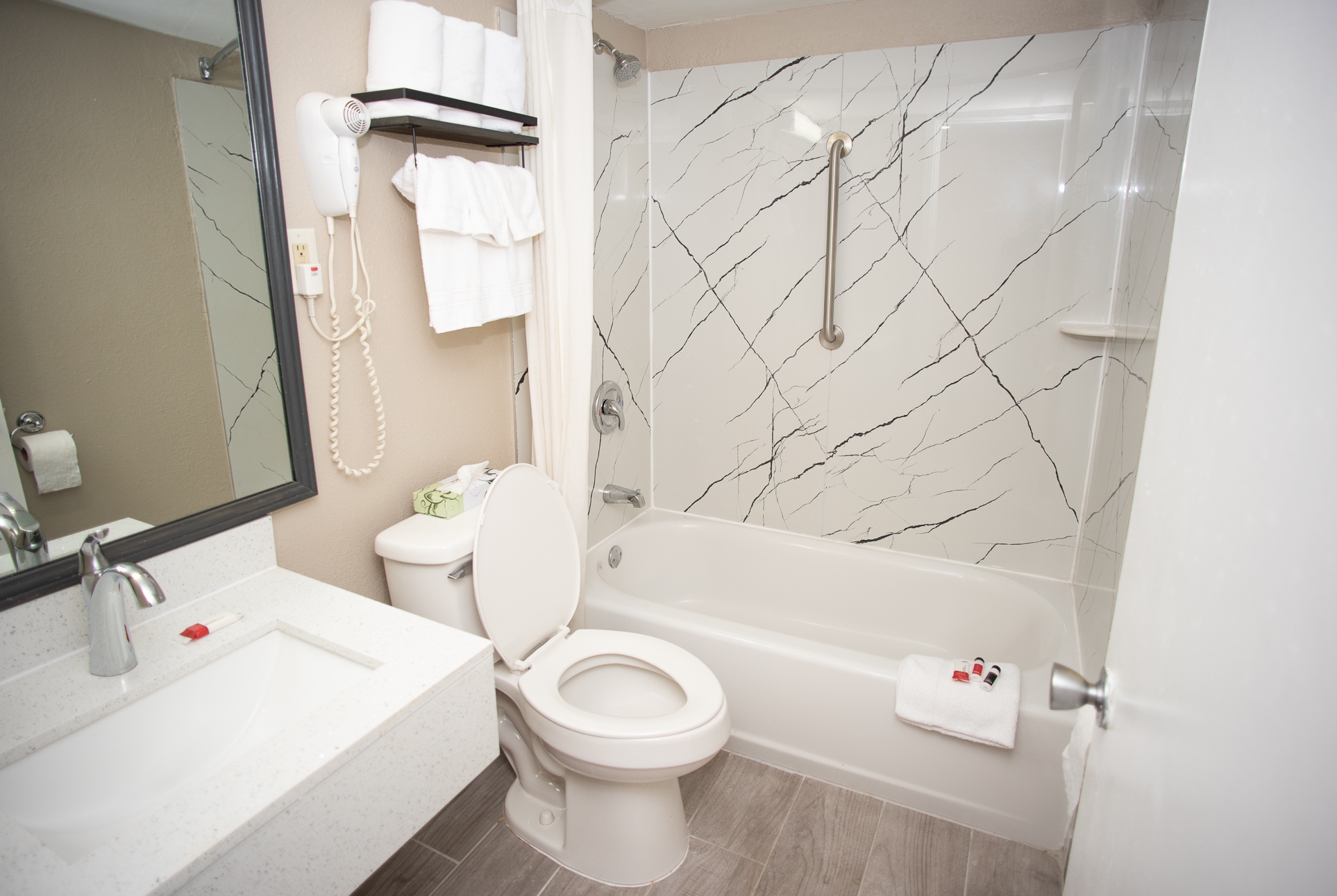 Guest room bath at the Super 8 by Wyndham Black Mountain in Black Mountain, North Carolina