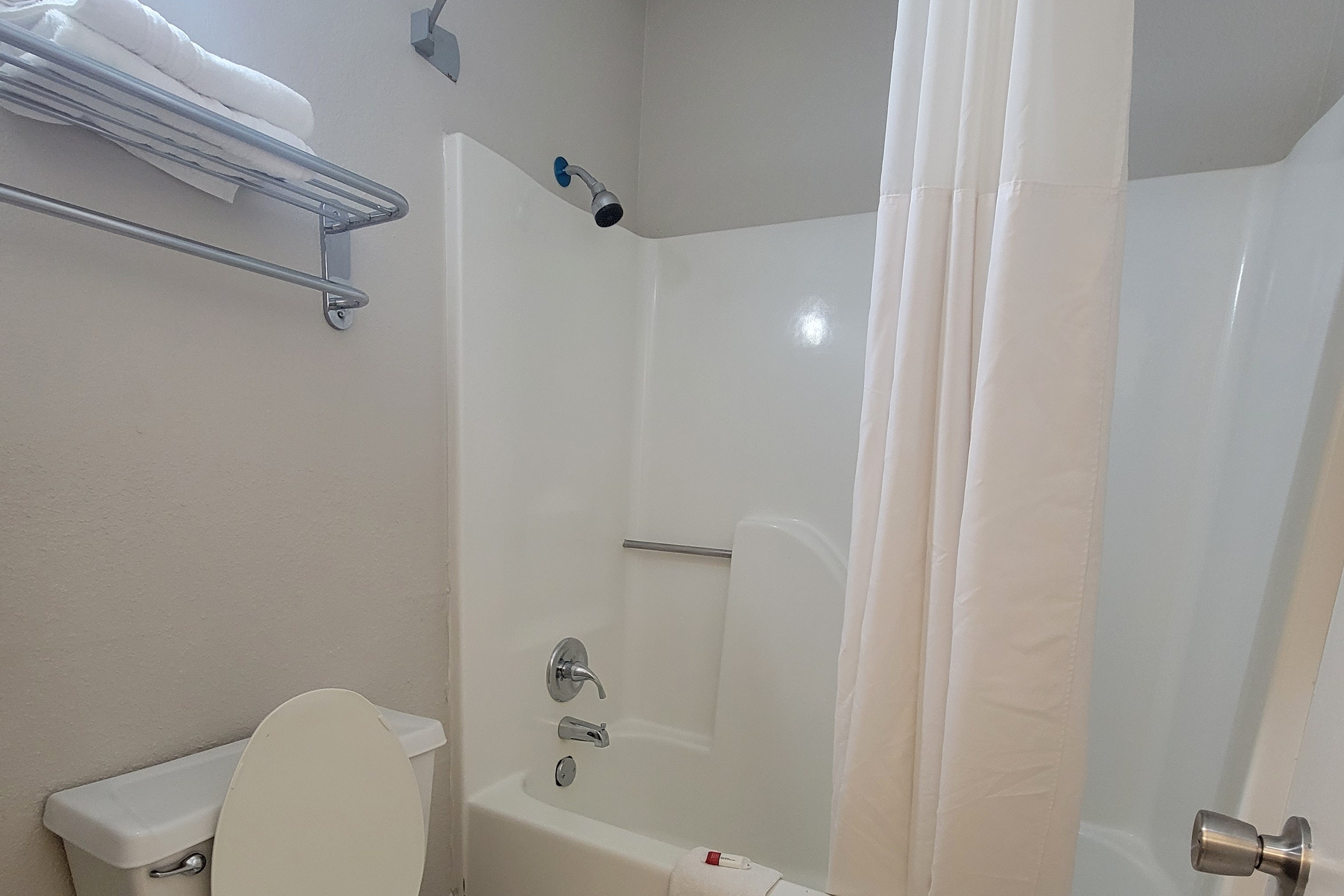 Guest room bath at the Super 8 by Wyndham Marion NC in Marion, North Carolina