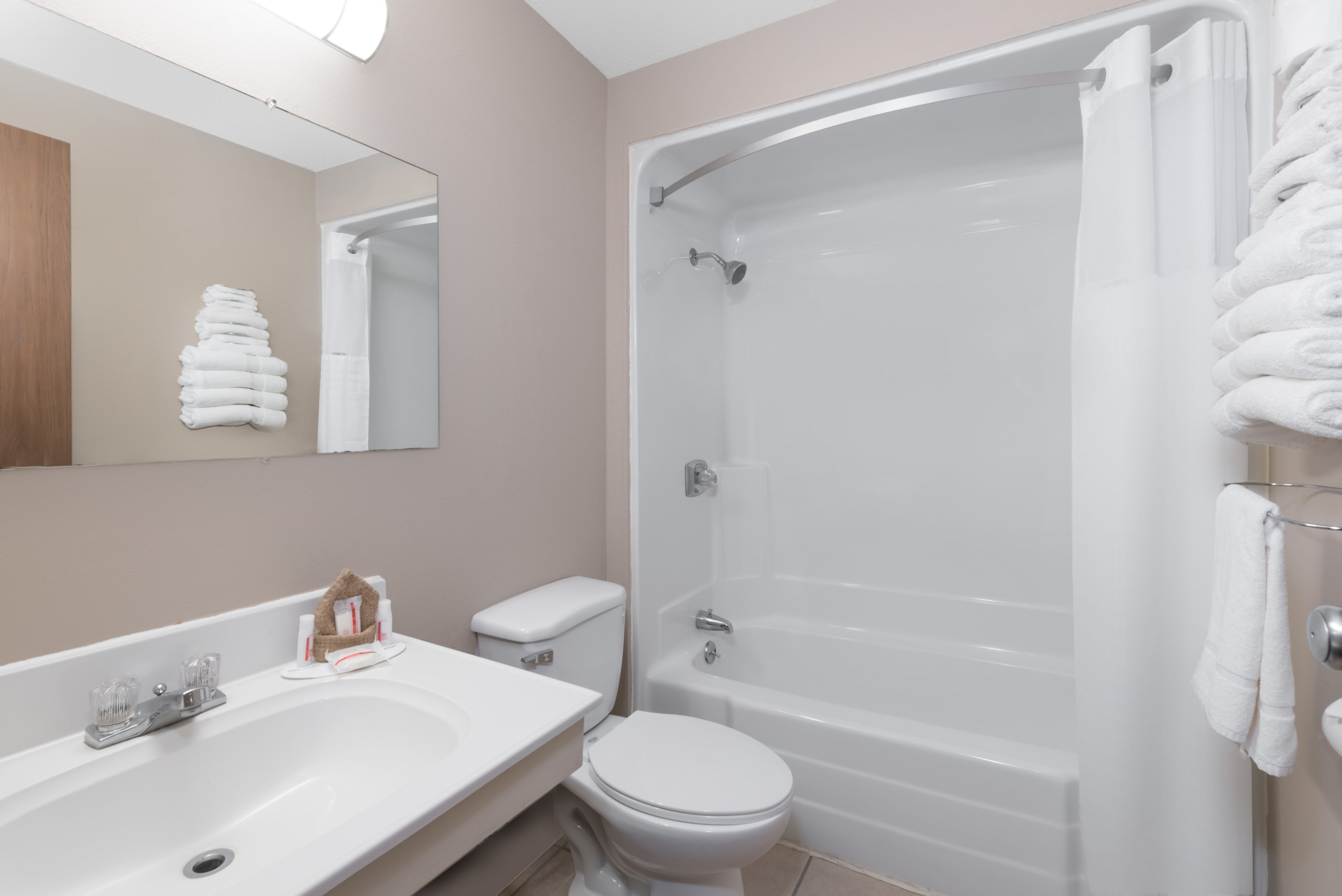 Guest room bath at the Super 8 by Wyndham Bowman in Bowman, North Dakota