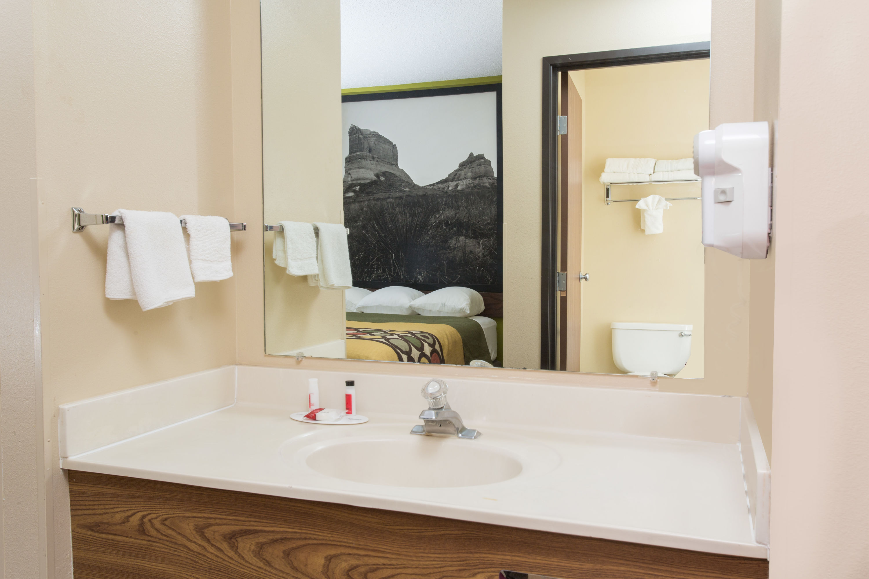 Guest room bath at the Super 8 by Wyndham Chadron NE in Chadron, Nebraska