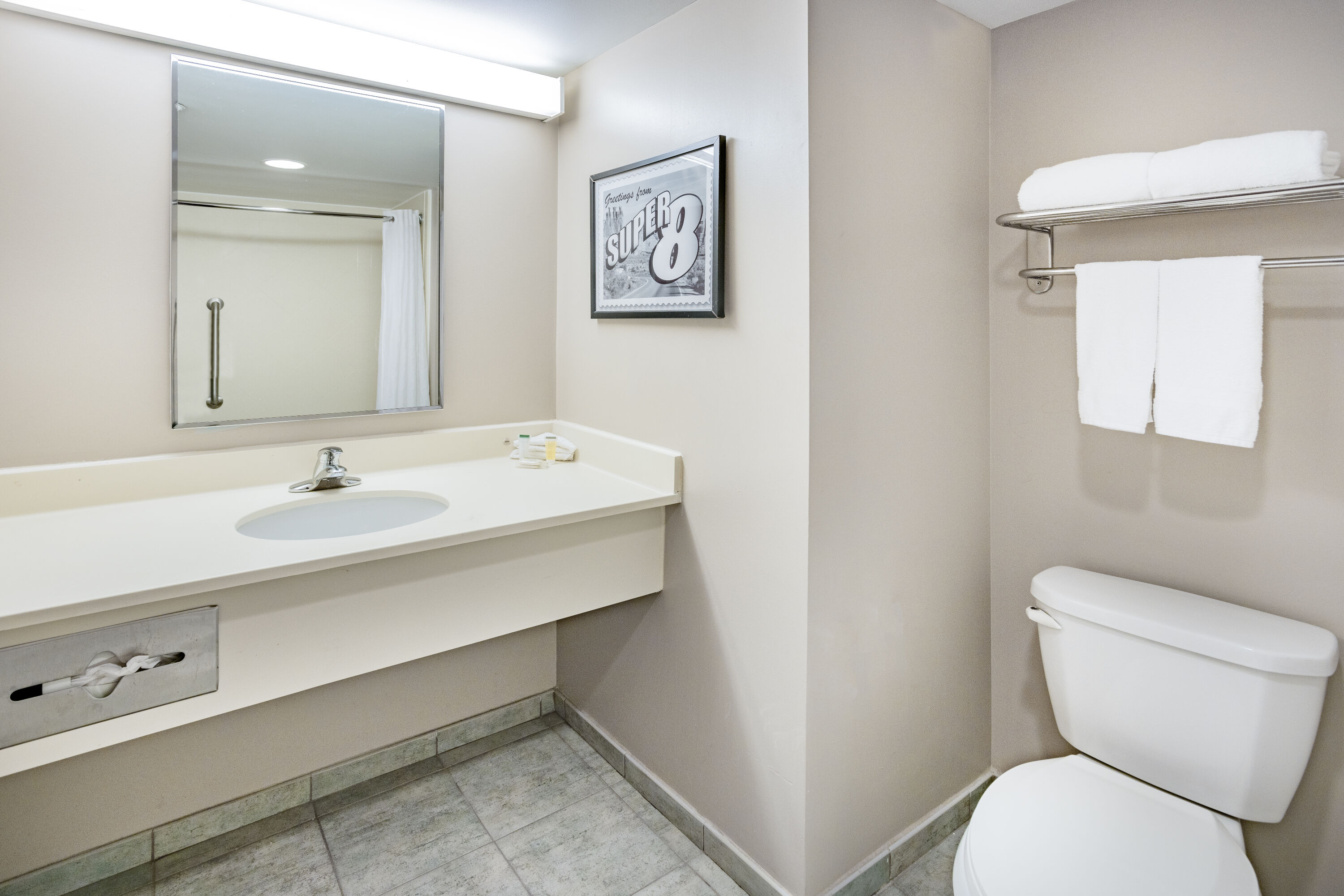 Guest room bath at the Super 8 by Wyndham Mount Laurel in Mount Laurel, New Jersey