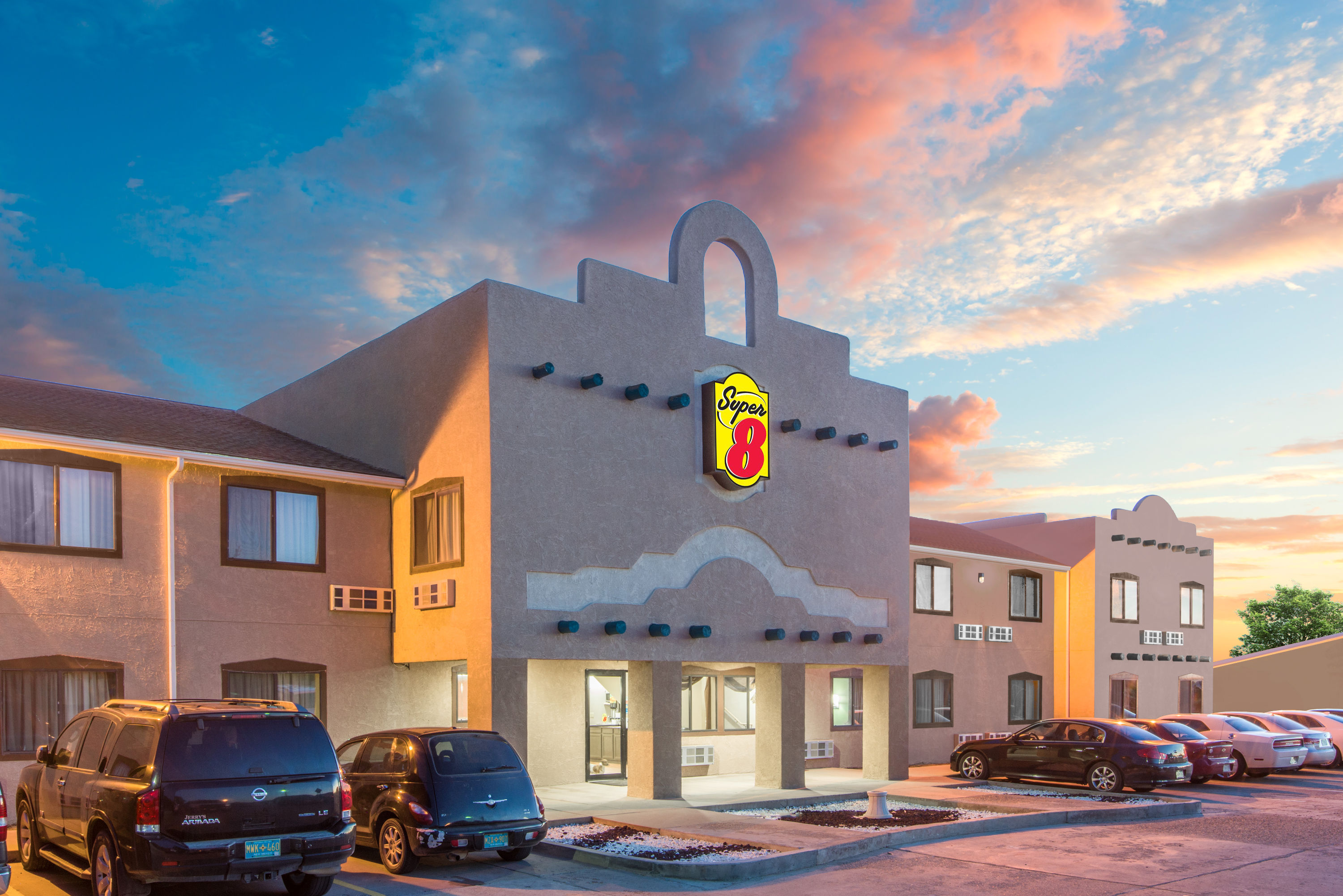Exterior Dusk Image of Super 8 by Wyndham Fort Sumner hotel in Fort Sumner, New Mexico