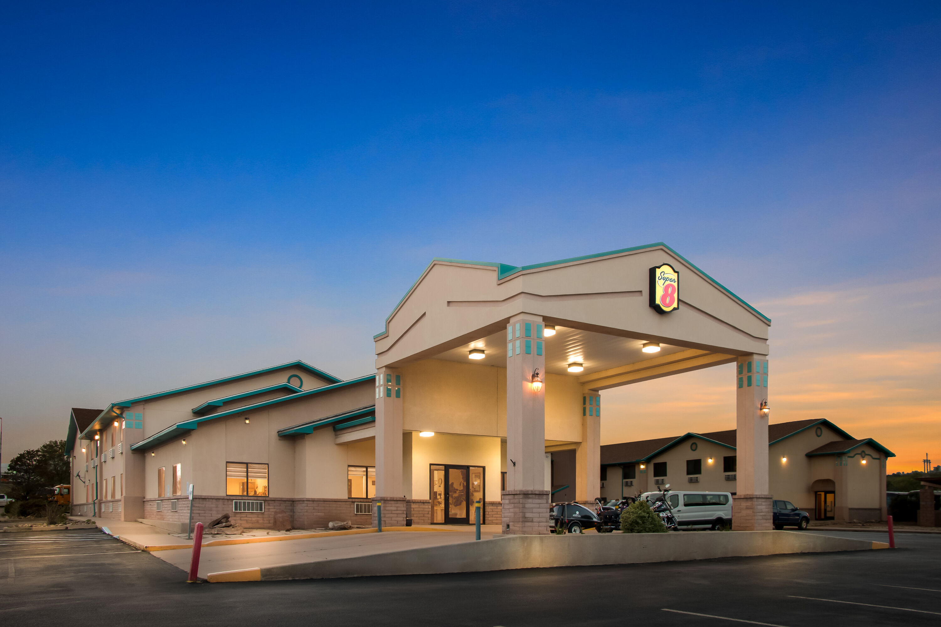 Exterior Night Image of Super 8 by Wyndham Santa Rosa hotel in Santa Rosa, New Mexico