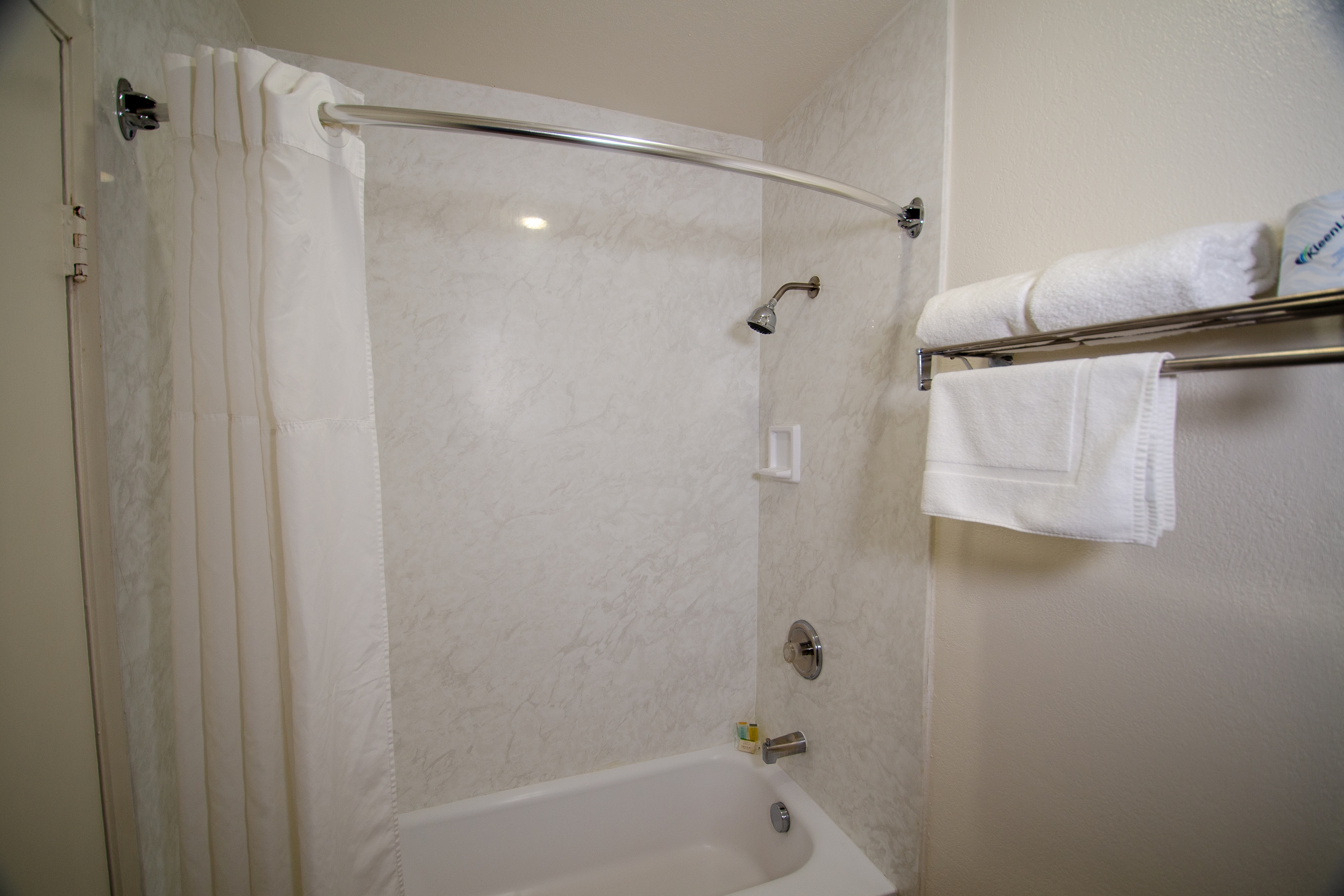 Guest room bath at the Super 8 by Wyndham Las Vegas North Strip/Fremont St. Area in Las Vegas, Nevada