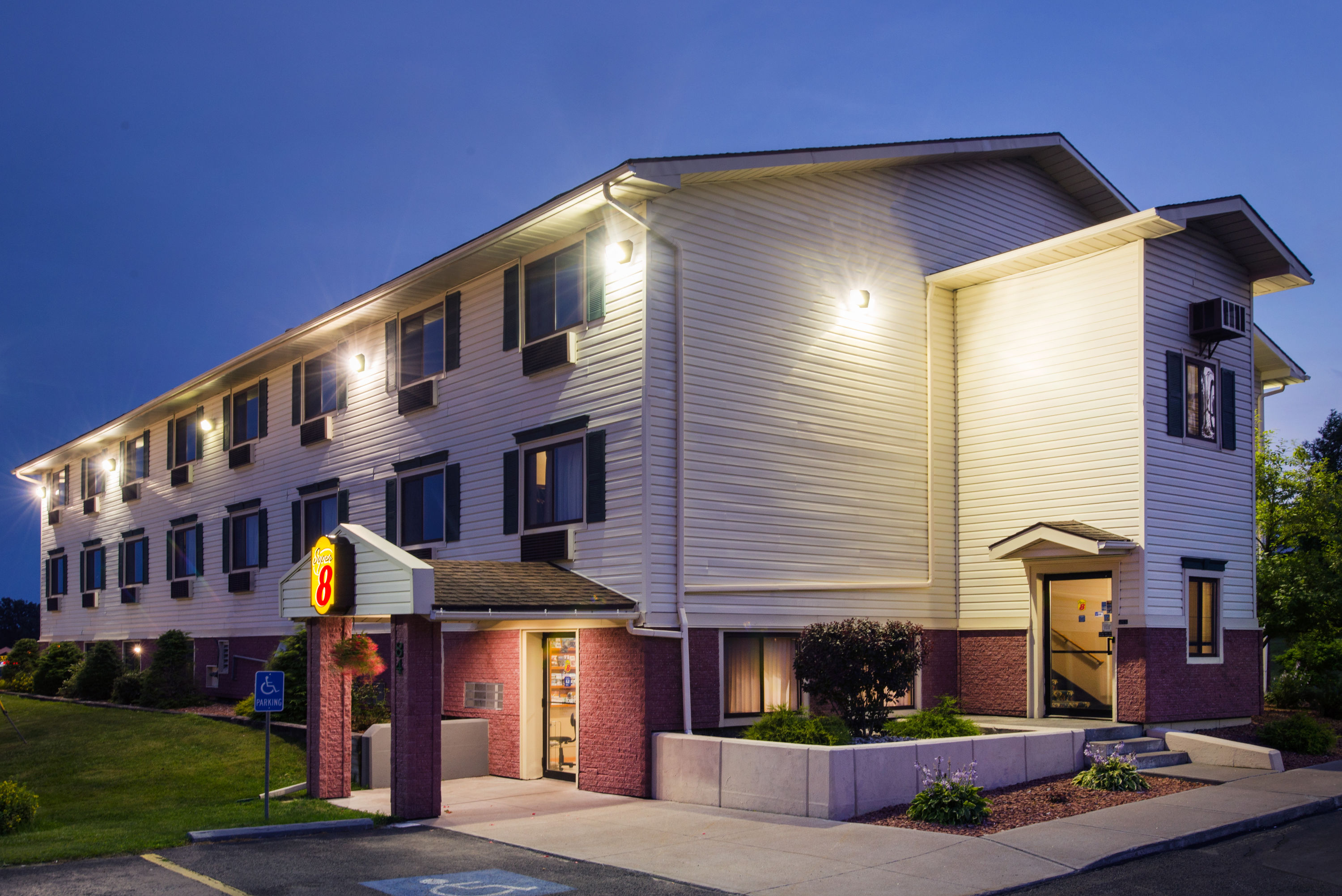 Exterior Dusk Image of Super 8 by Wyndham Massena NY hotel in Massena, New York
