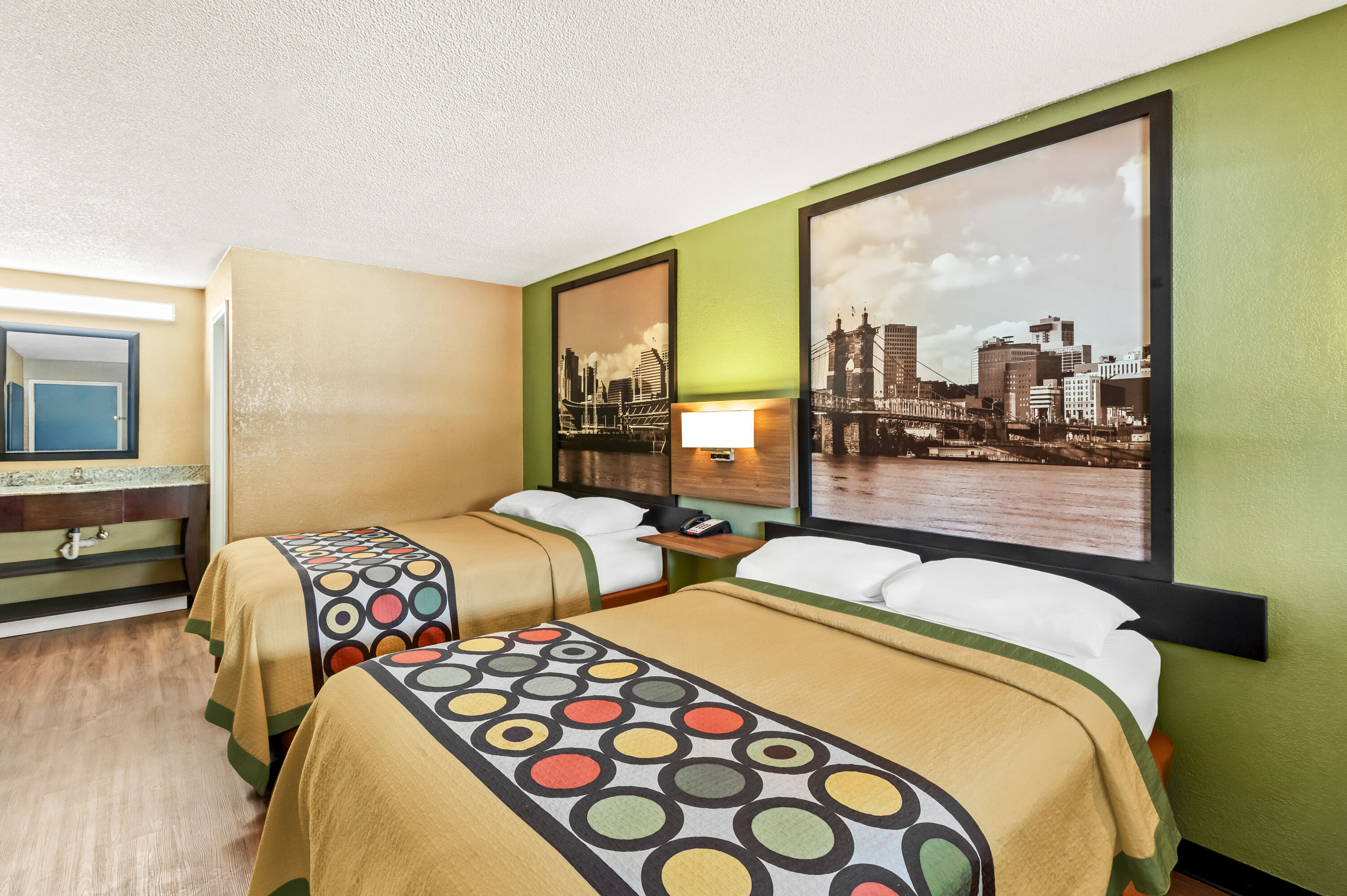 Double bed guest room at the Super 8 by Wyndham Cincinnati/Springdale OH in Cincinnati, Ohio