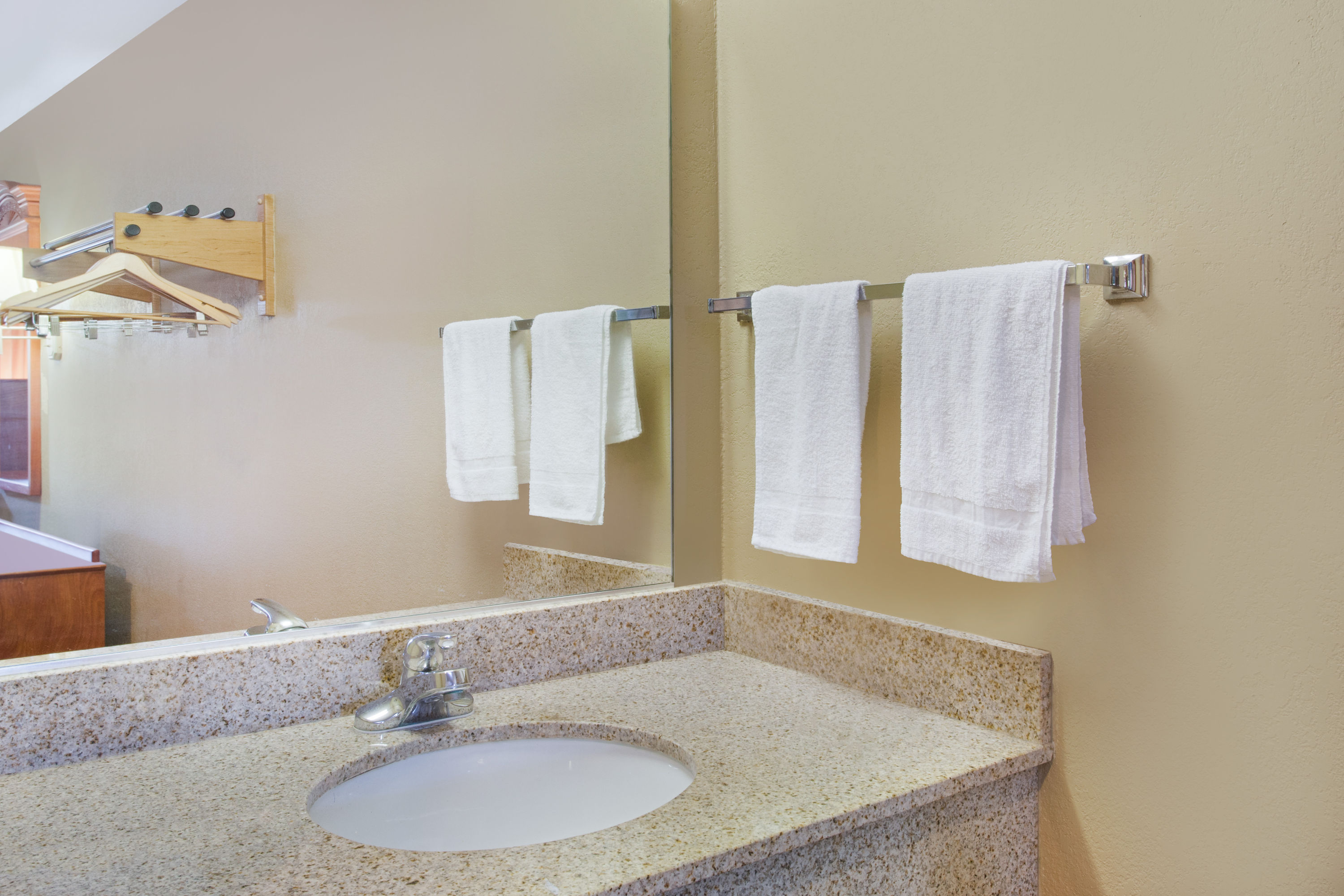 Guest room bath at the Super 8 by Wyndham Defiance in Defiance, Ohio