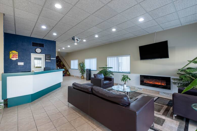 Super 8 Cleveland hotel lobby in North Ridgeville, Ohio