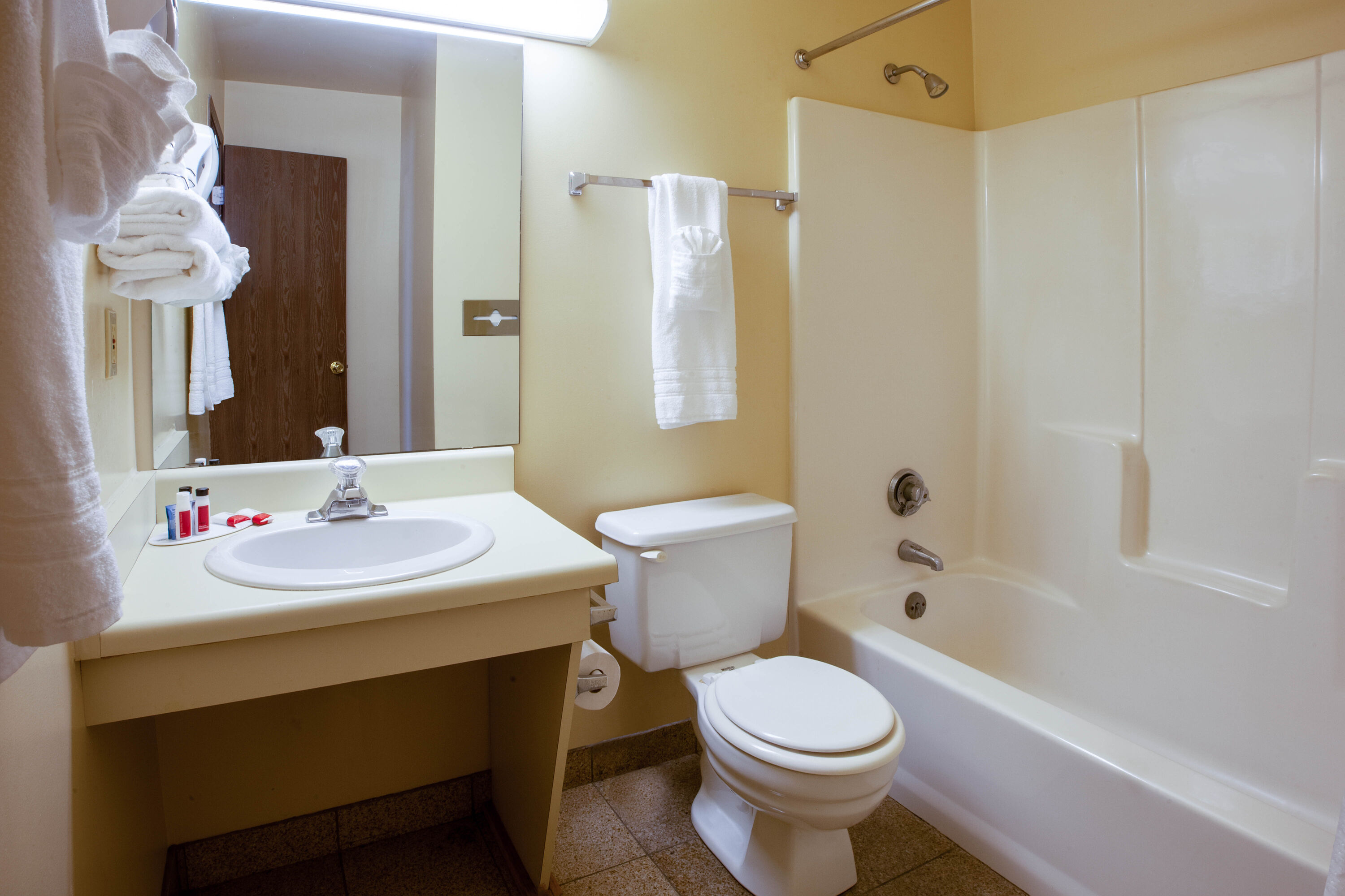 Guest room bath at the Super 8 by Wyndham Sandusky in Sandusky, Ohio