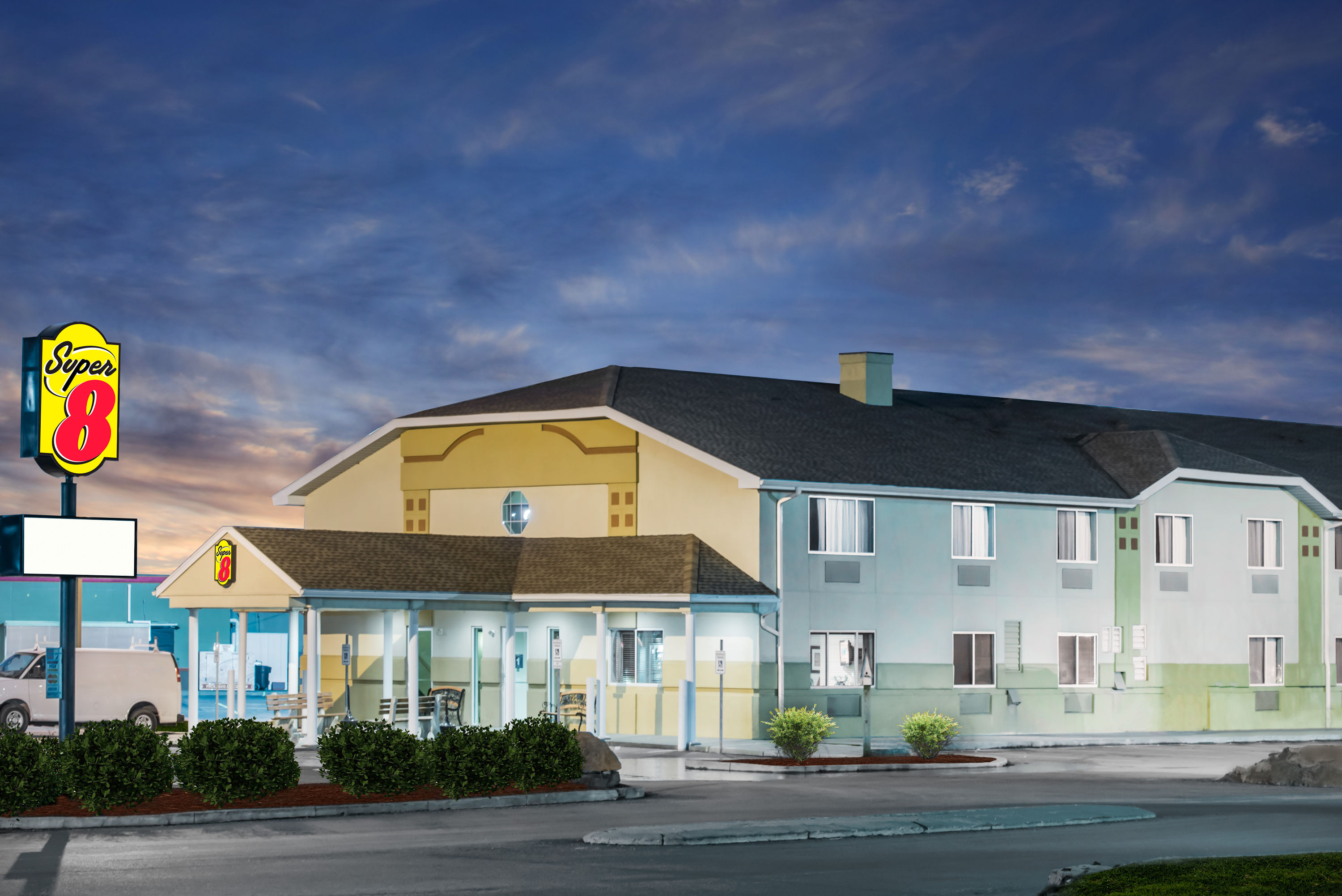 Exterior Dusk Image of Super 8 by Wyndham Clearfield hotel in Clearfield, Pennsylvania