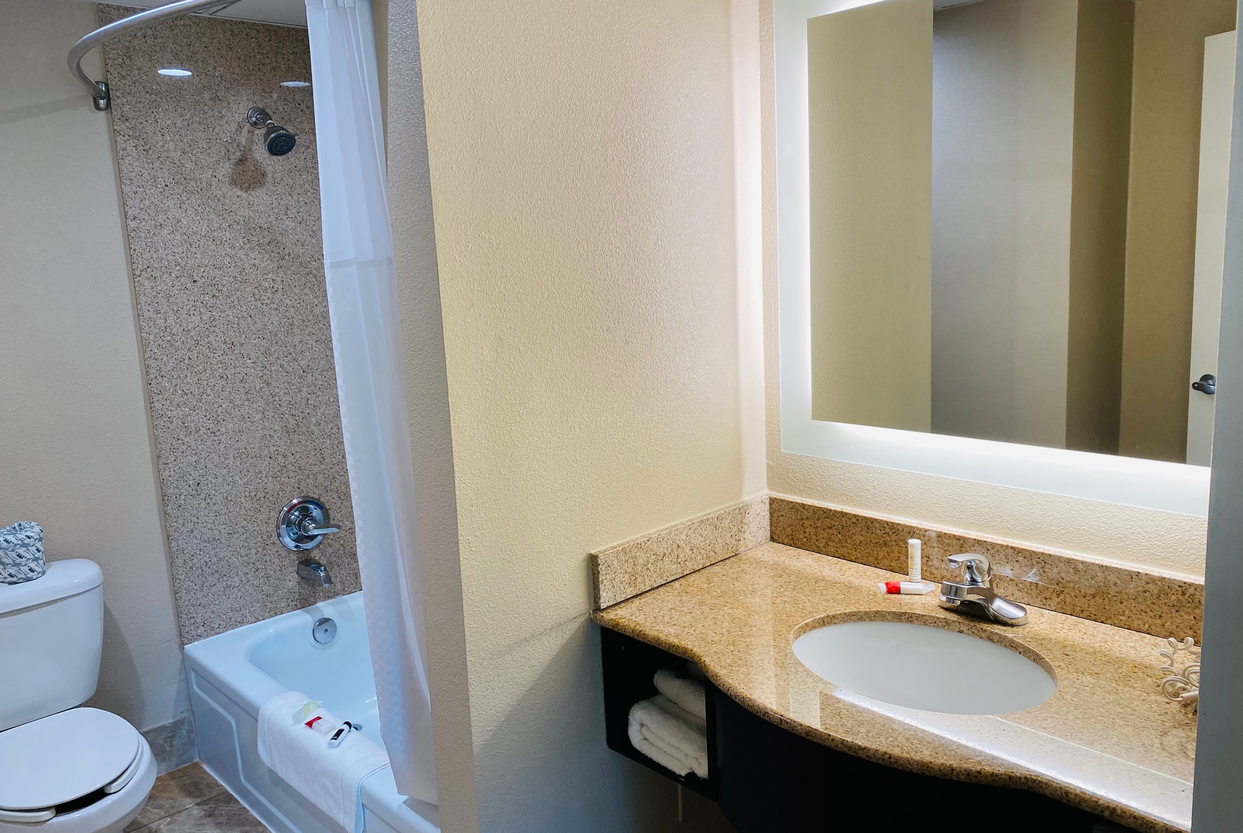 Guest room bath at the Super 8 by Wyndham Danville in Danville, Pennsylvania