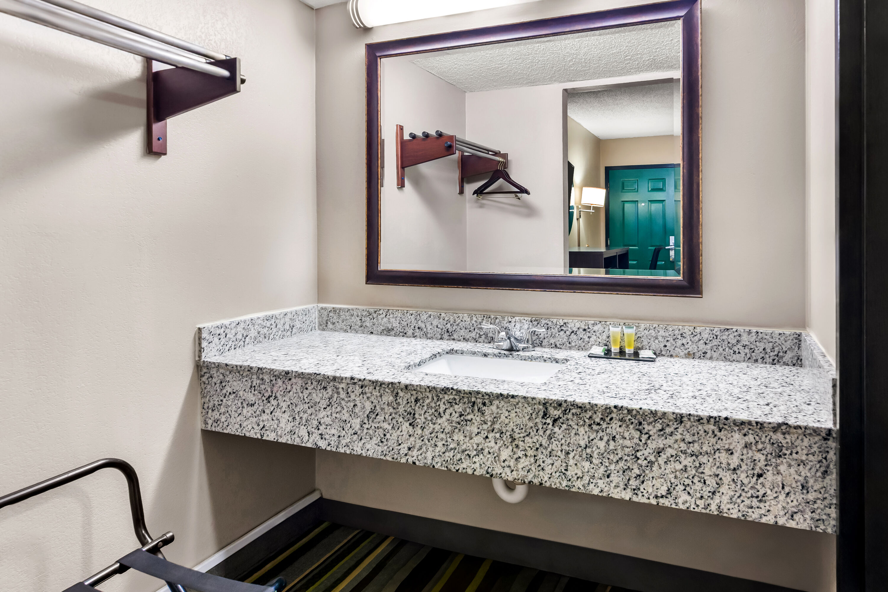 Guest room bath at the Super 8 by Wyndham Columbia in Columbia, South Carolina