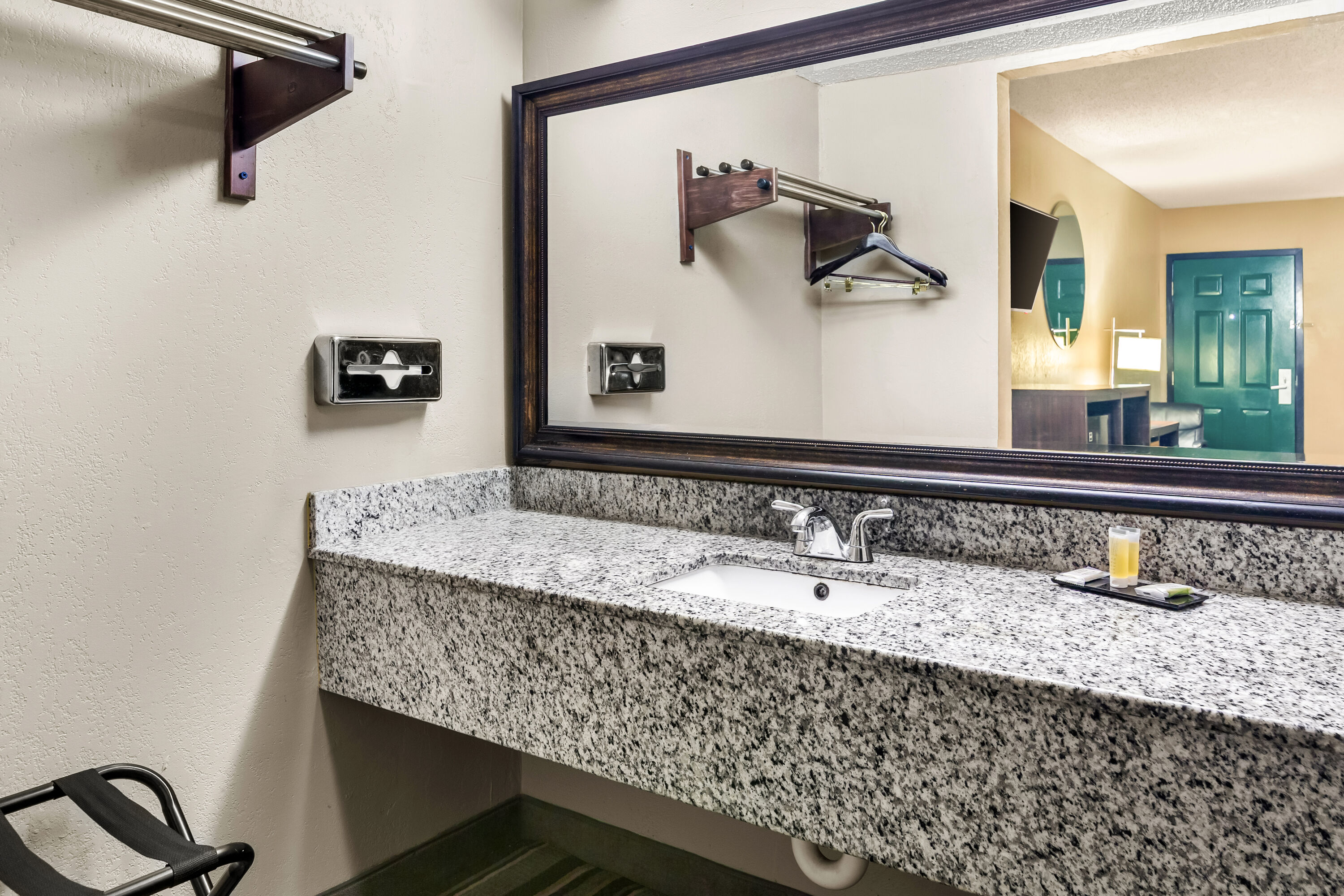 Guest room bath at the Super 8 by Wyndham Columbia in Columbia, South Carolina