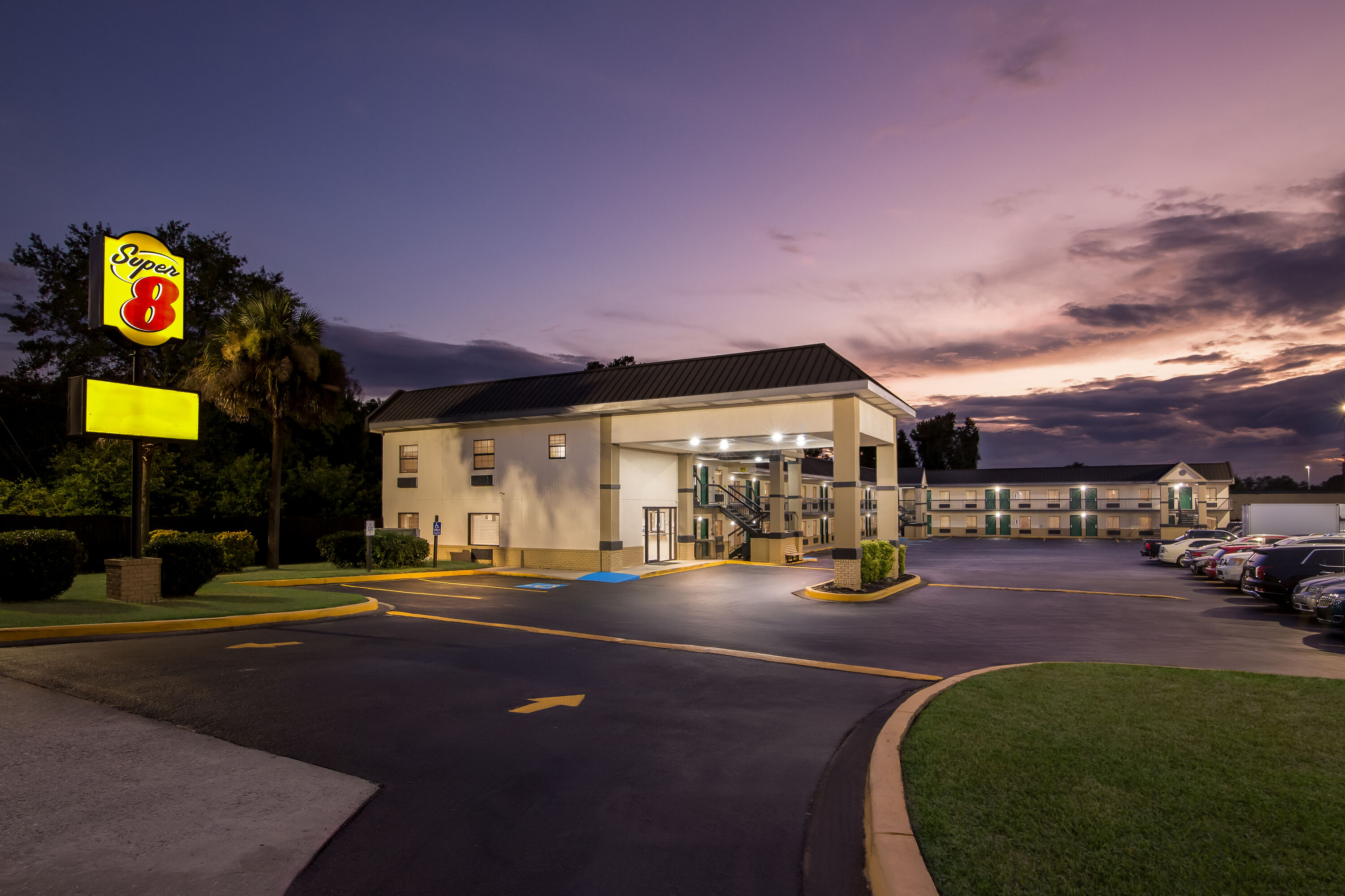 Exterior Night Image of Super 8 by Wyndham Columbia hotel in Columbia, South Carolina
