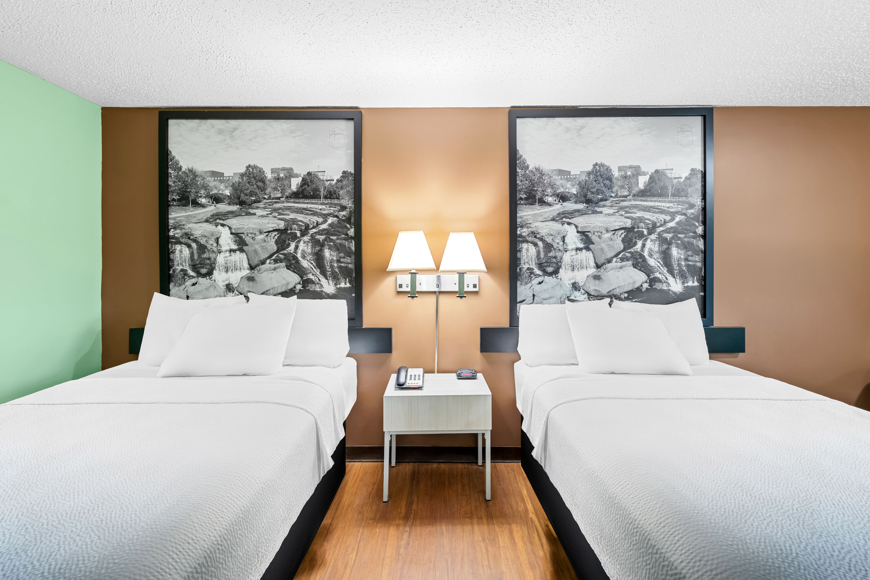 Double bed guest room at the Super 8 by Wyndham Gaffney in Gaffney, South Carolina