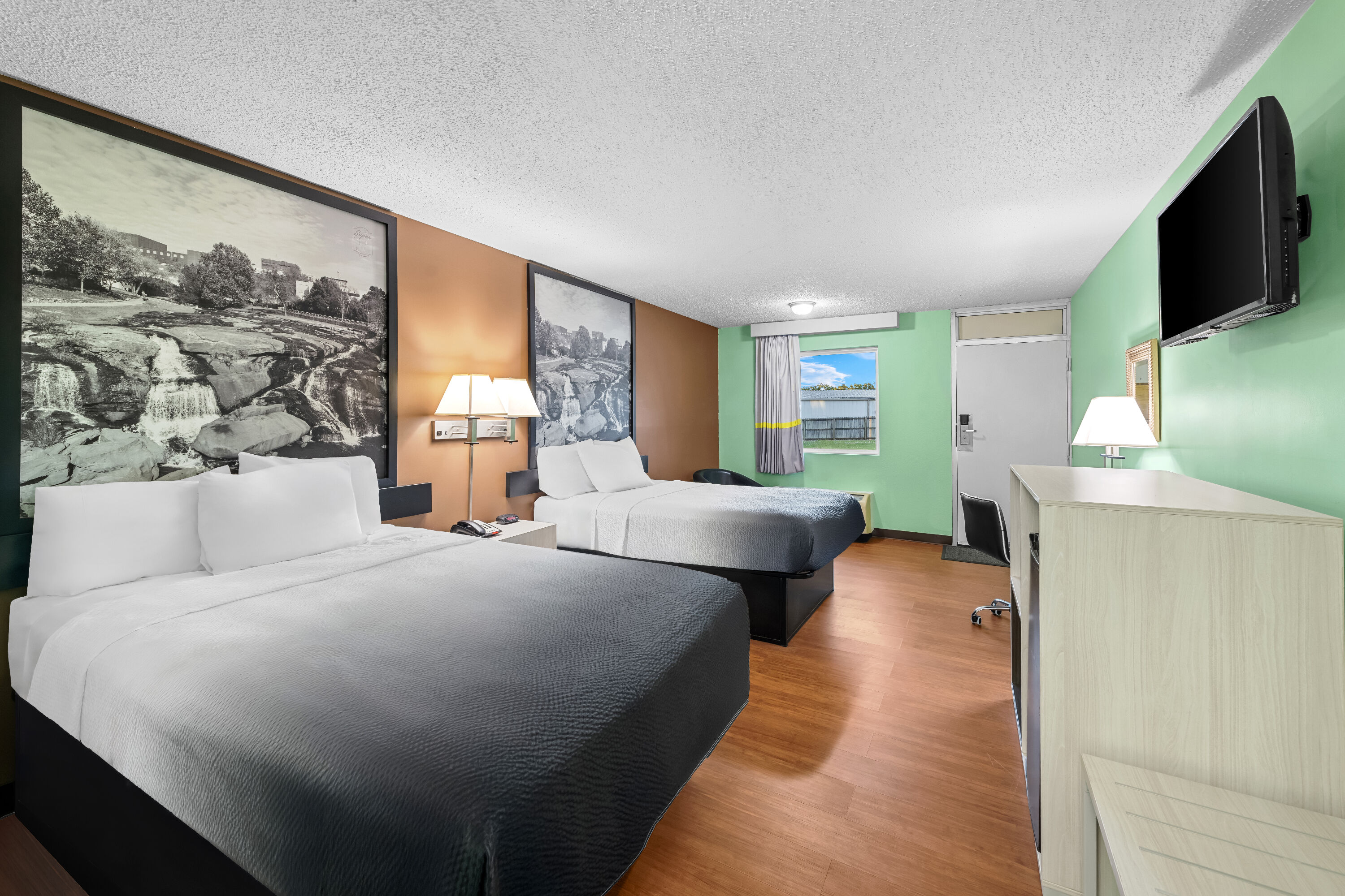 Double bed guest room at the Super 8 by Wyndham Gaffney in Gaffney, South Carolina