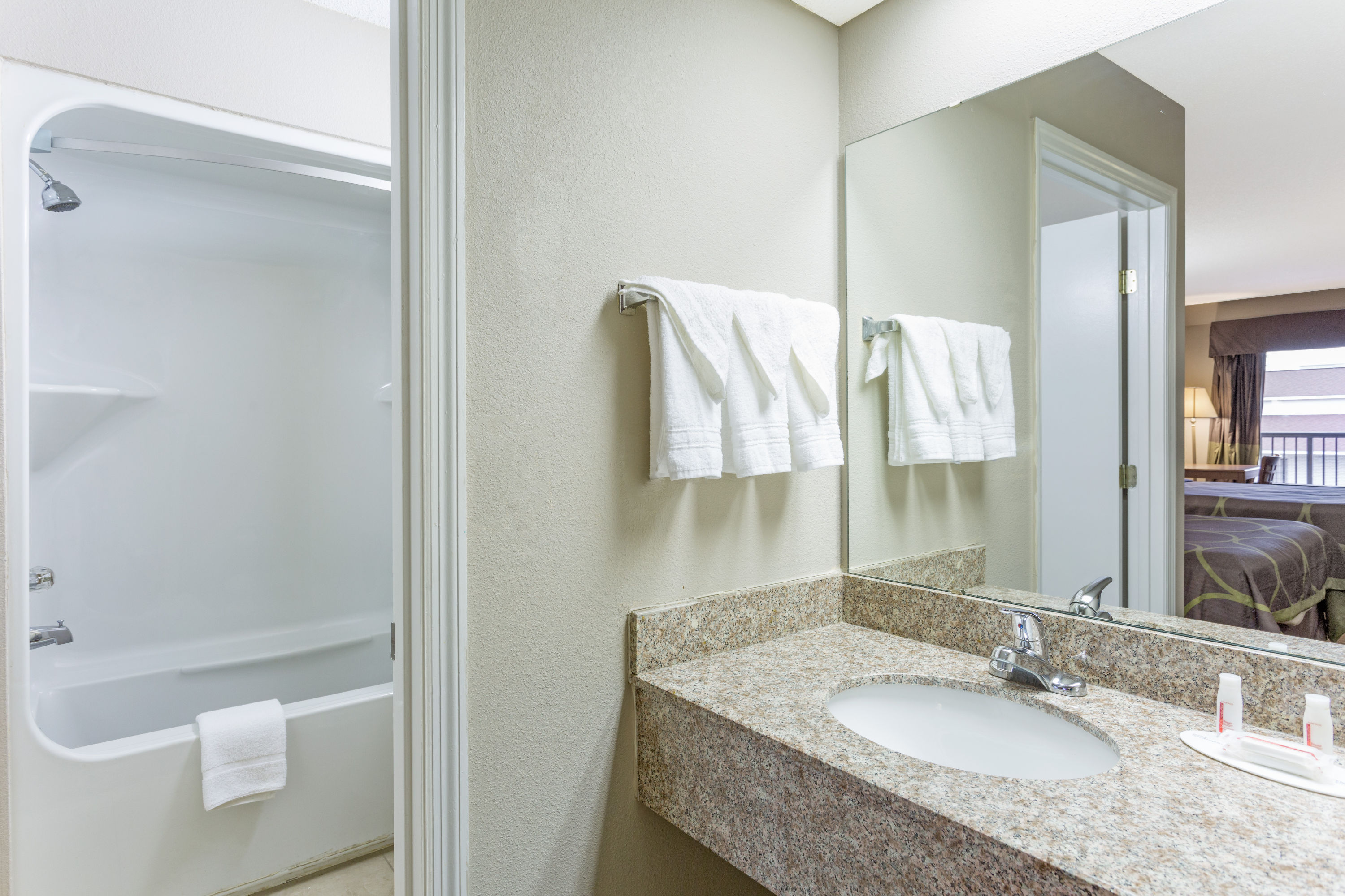 Guest room bath at the Super 8 by Wyndham, Orangeburg in Orangeburg, South Carolina