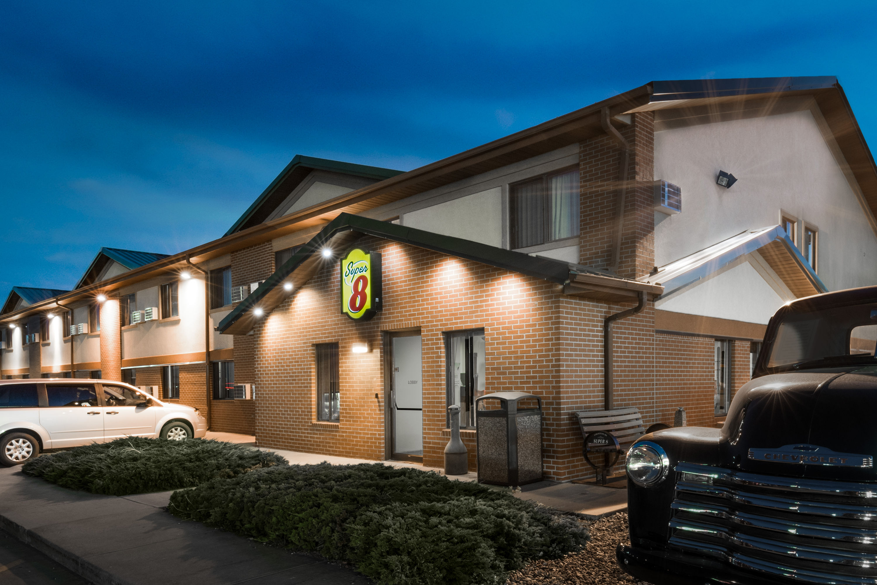 Exterior Dusk Image of Super 8 by Wyndham Murdo hotel in Murdo, South Dakota