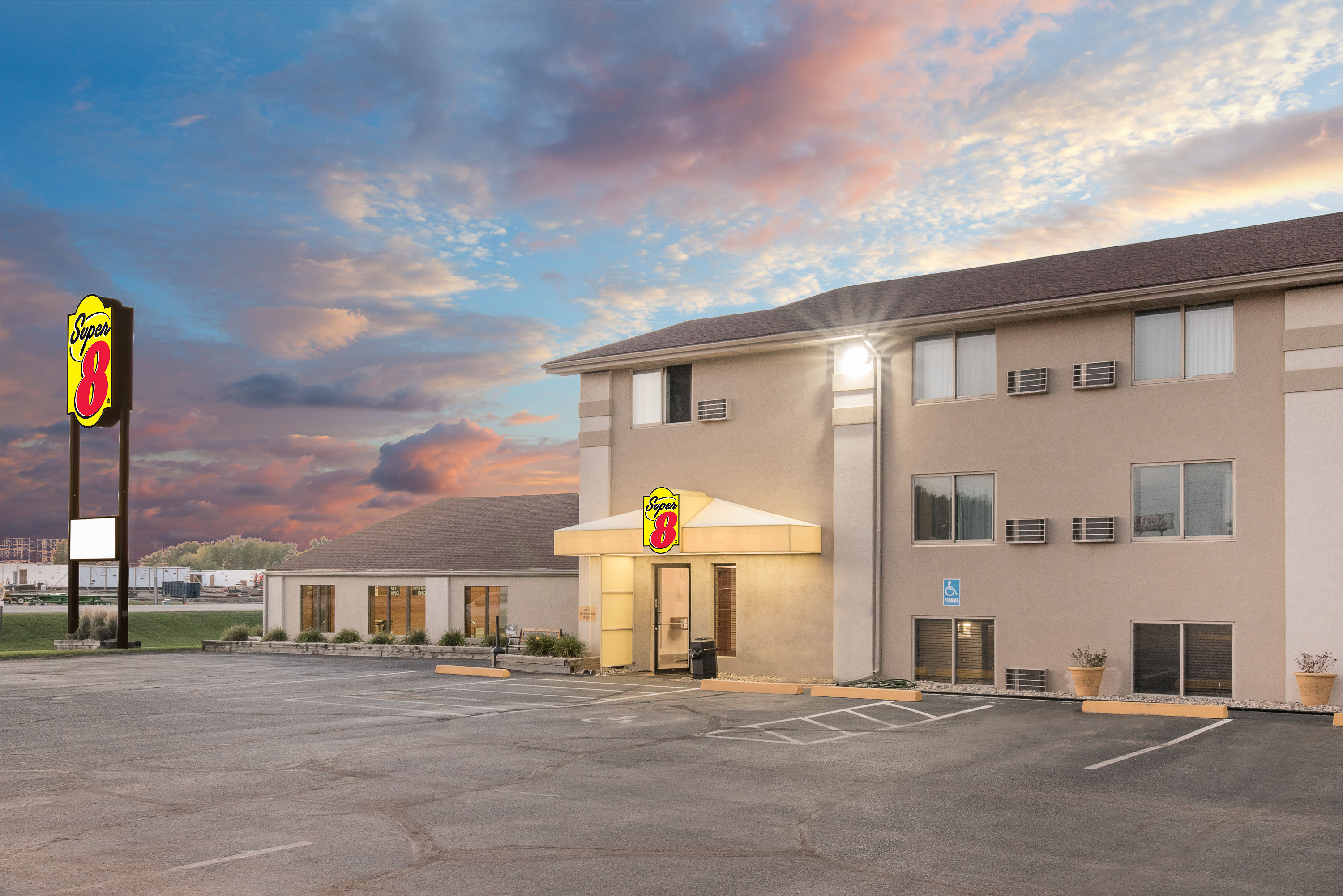 Exterior Dusk Image of Super 8 by Wyndham Watertown hotel in Watertown, South Dakota