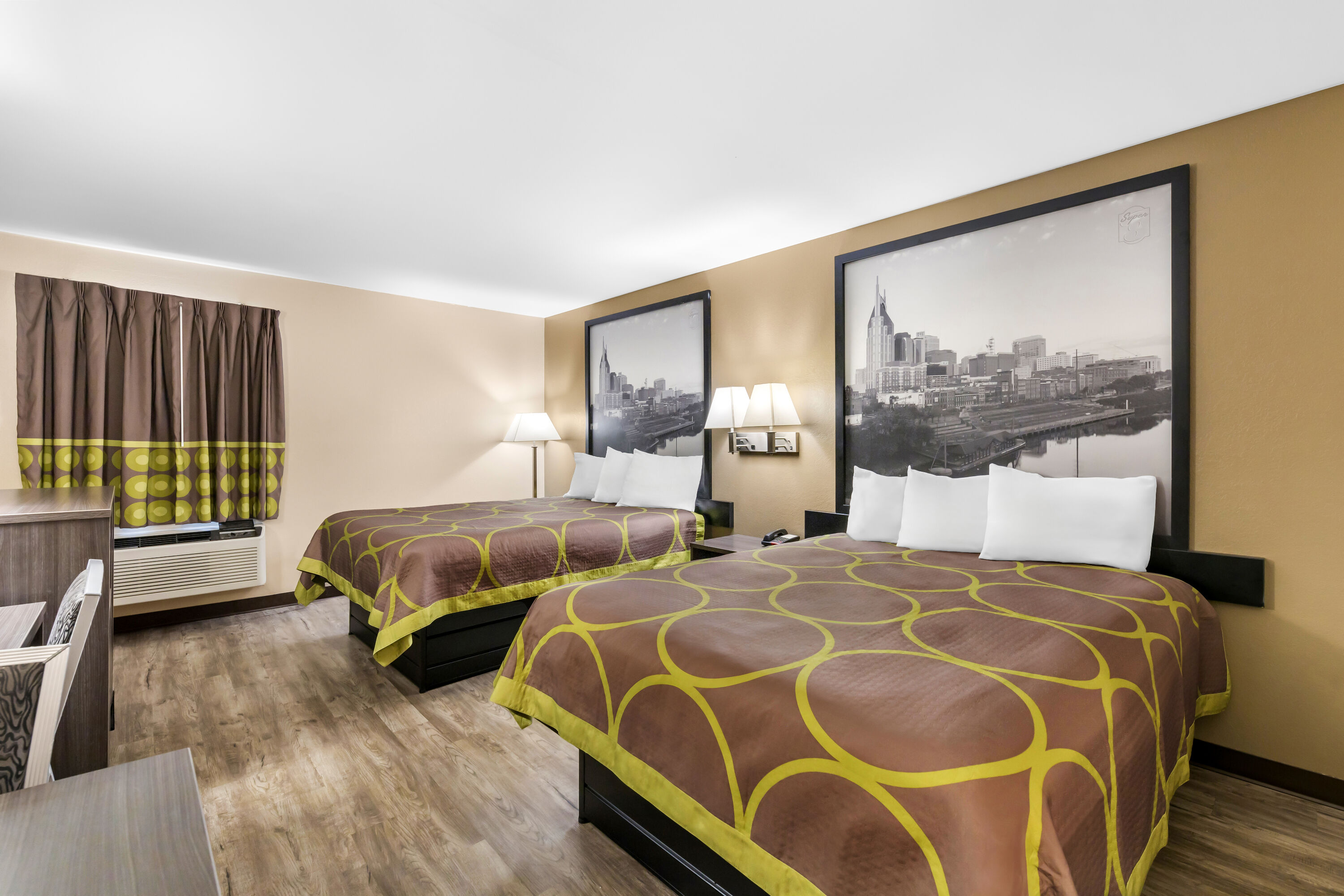 Double bed guest room at the Super 8 by Wyndham Dickson in Dickson, Tennessee