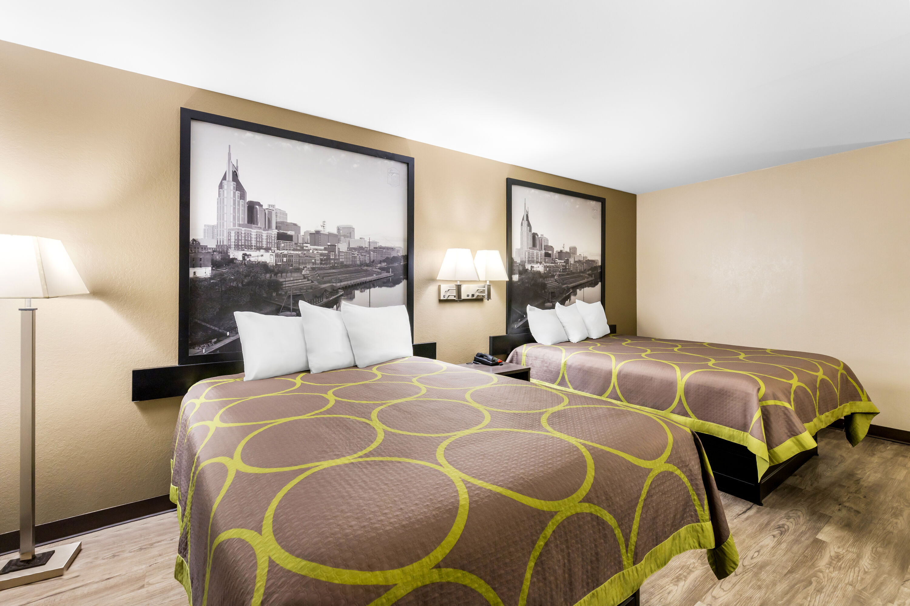 Double bed guest room at the Super 8 by Wyndham Dickson in Dickson, Tennessee