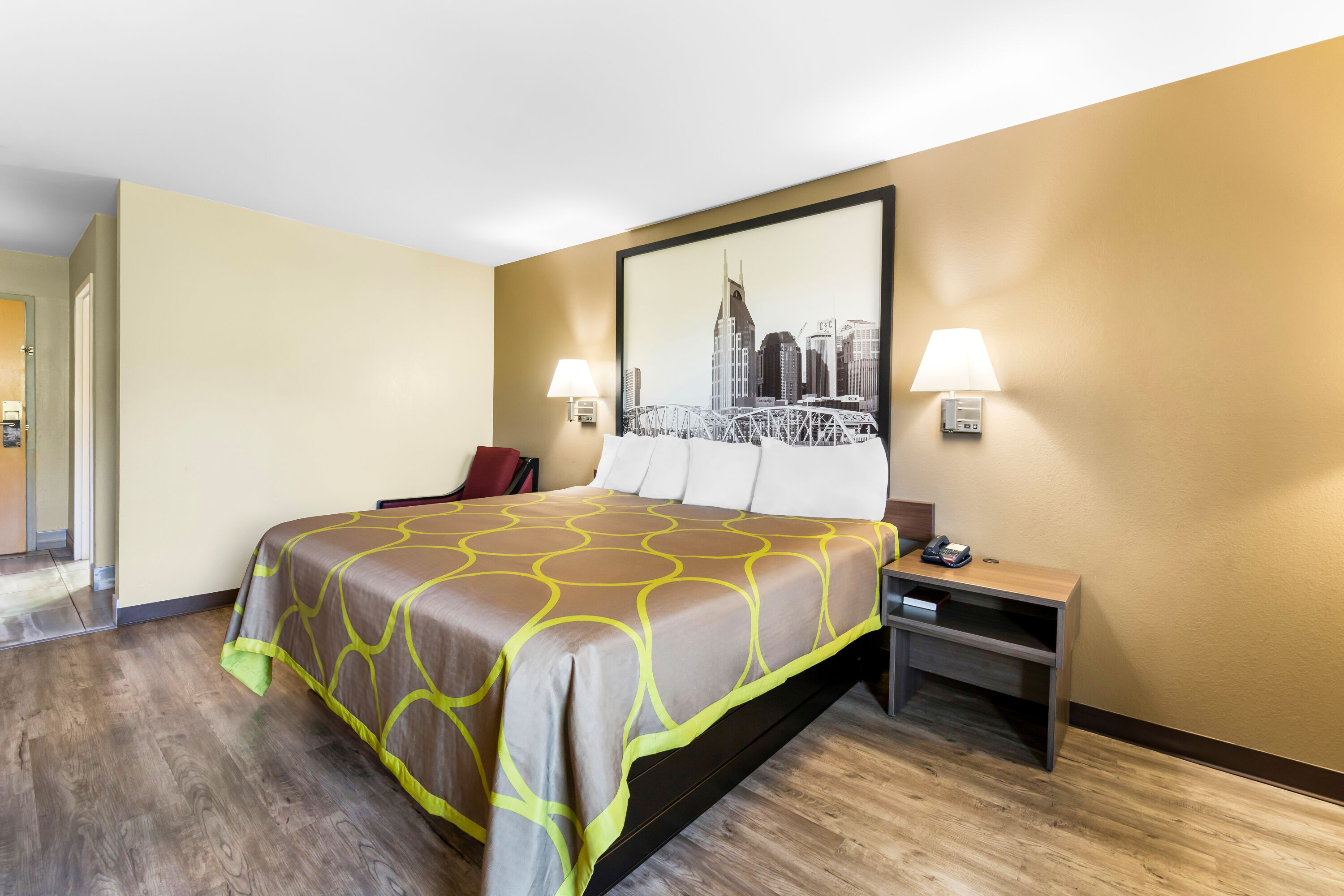 King bed guest room at the Super 8 by Wyndham Dickson in Dickson, Tennessee