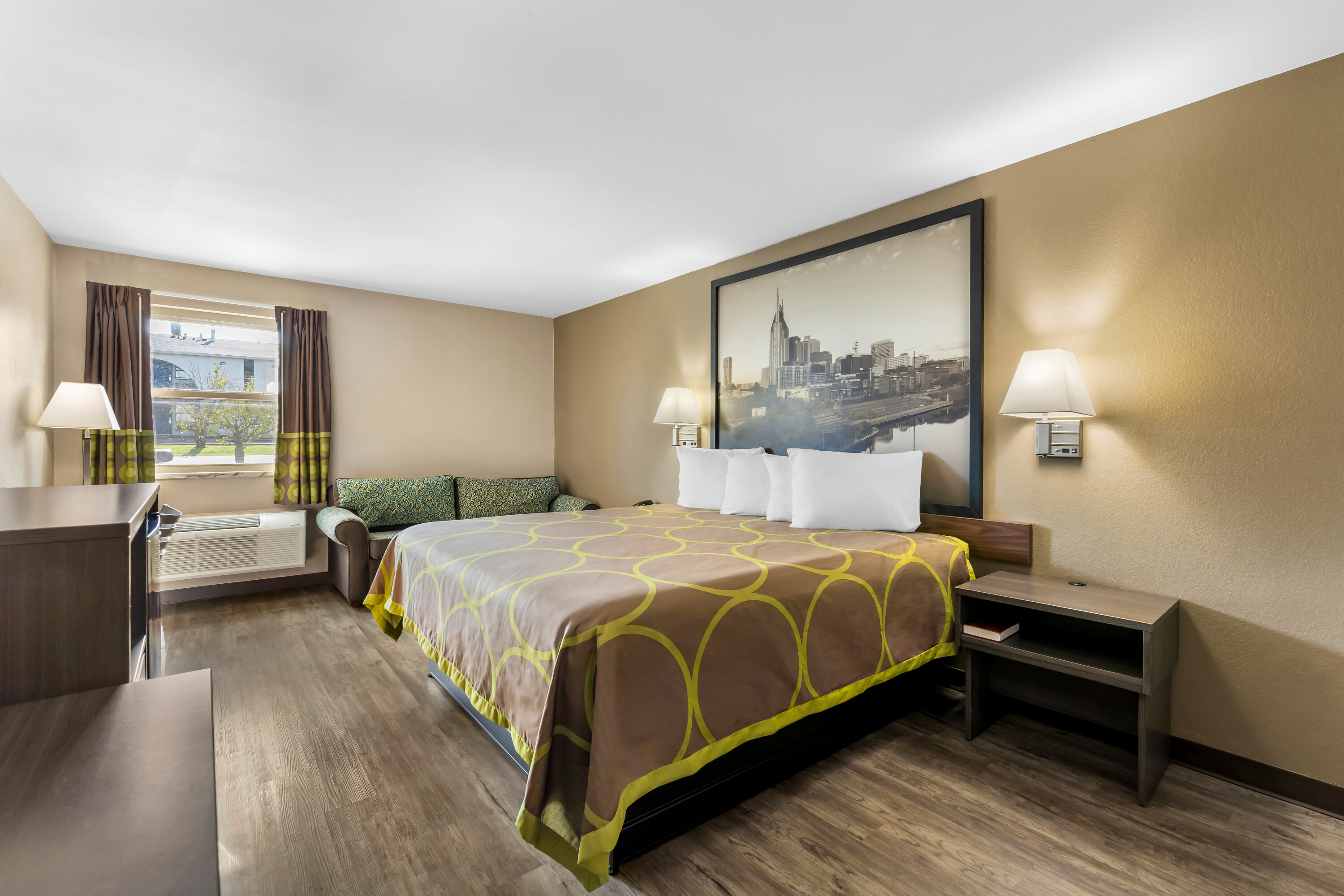 King bed guest room at the Super 8 by Wyndham Dickson in Dickson, Tennessee