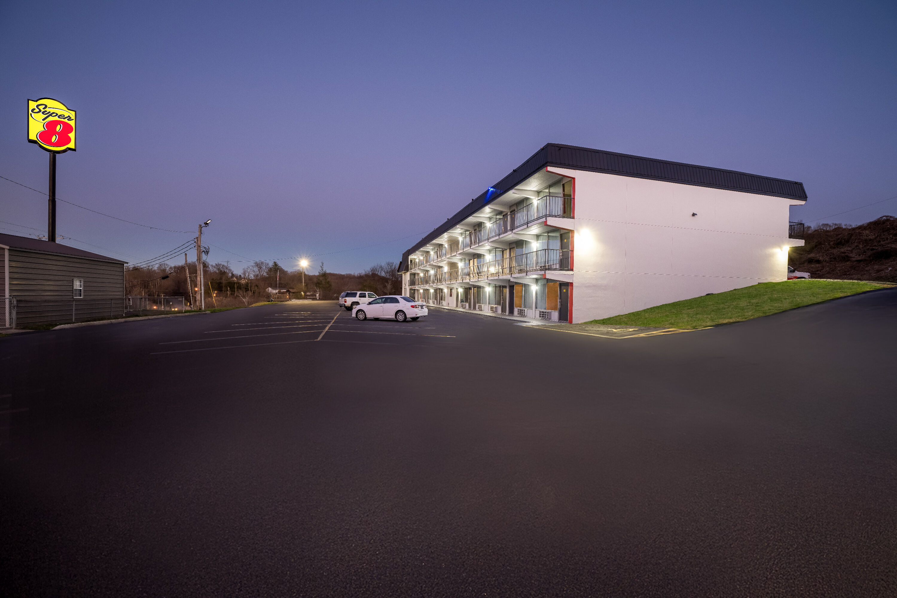 Exterior Night Image of Super 8 by Wyndham Kingsport /I-81 hotel in Kingsport, Tennessee