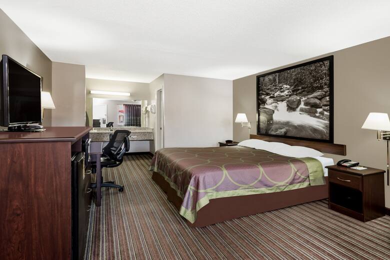 Guest room at the Super 8 Chattanooga Ooltewah in Ooltewah, Tennessee