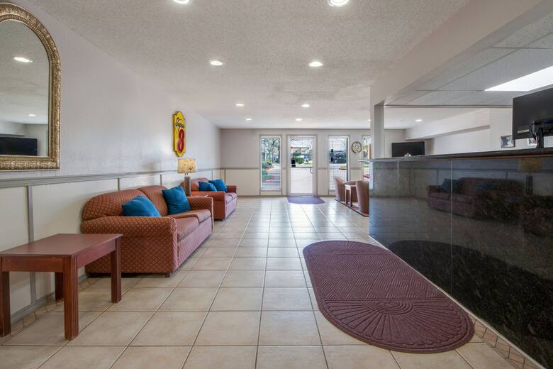 Super 8 College Station hotel lobby in College Station, Texas