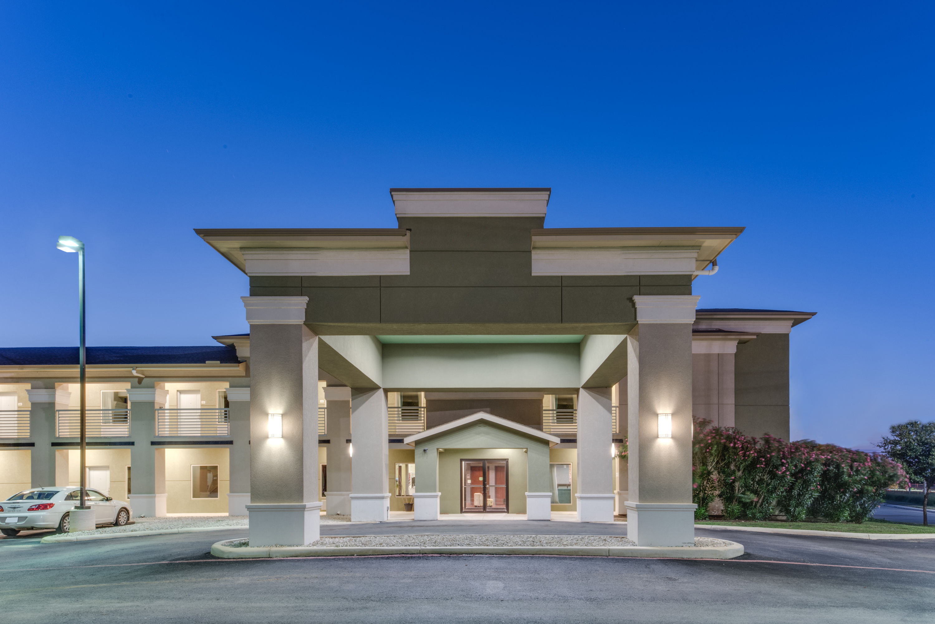 Exterior Dusk Image of Super 8 by Wyndham Cotulla TX hotel in Cotulla, Texas