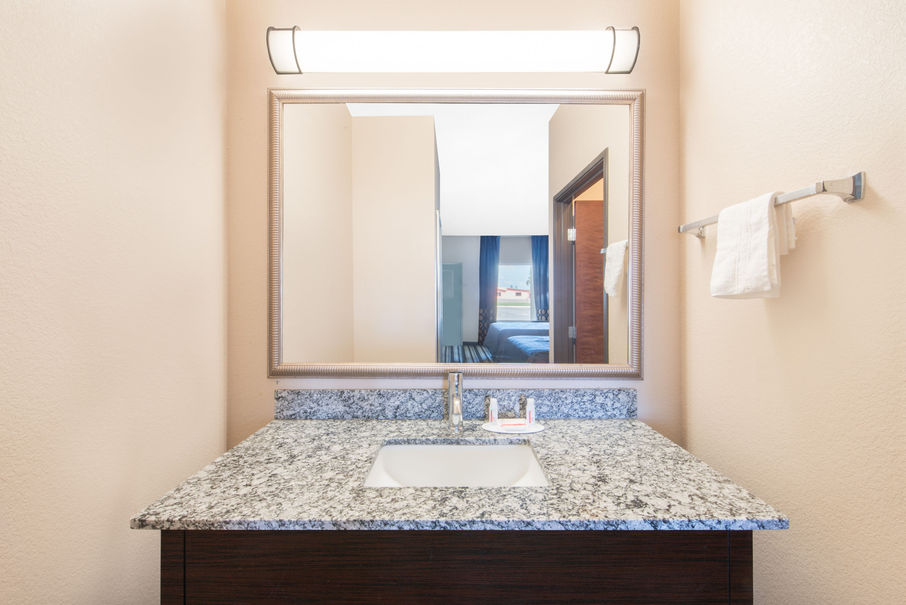 Guest room bath at the Super 8 by Wyndham Dilley TX in Dilley, Texas