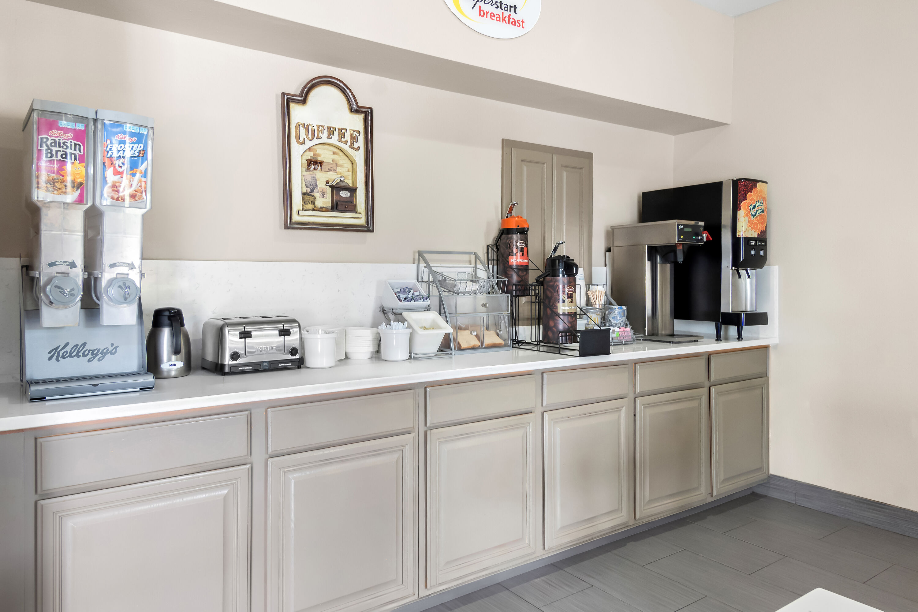 Super 8 by Wyndham Fort Worth Stockyards restaurant breakfast area close up in Fort Worth, Texas