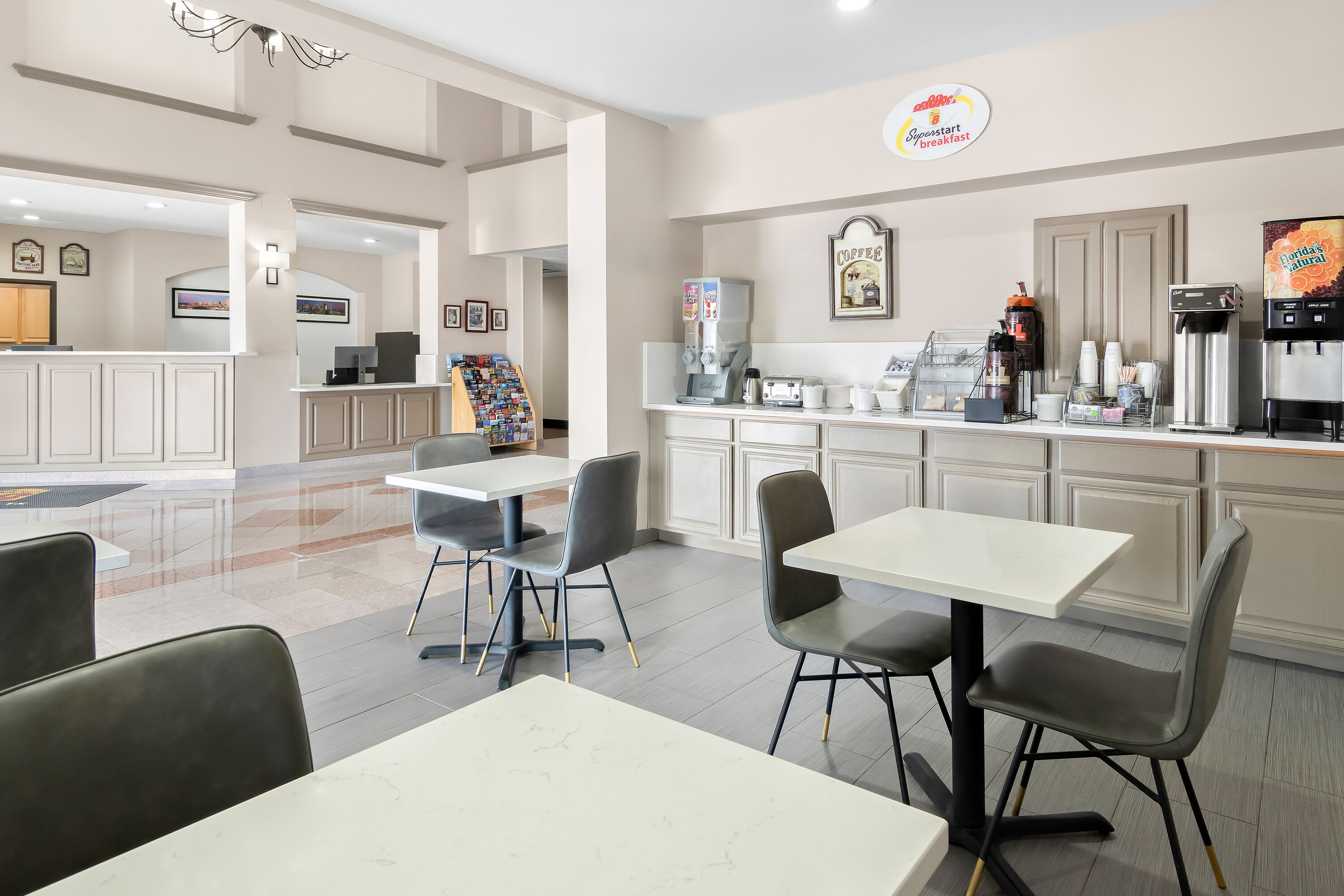 Super 8 by Wyndham Fort Worth Stockyards restaurant breakfast area with seating in Fort Worth, Texas