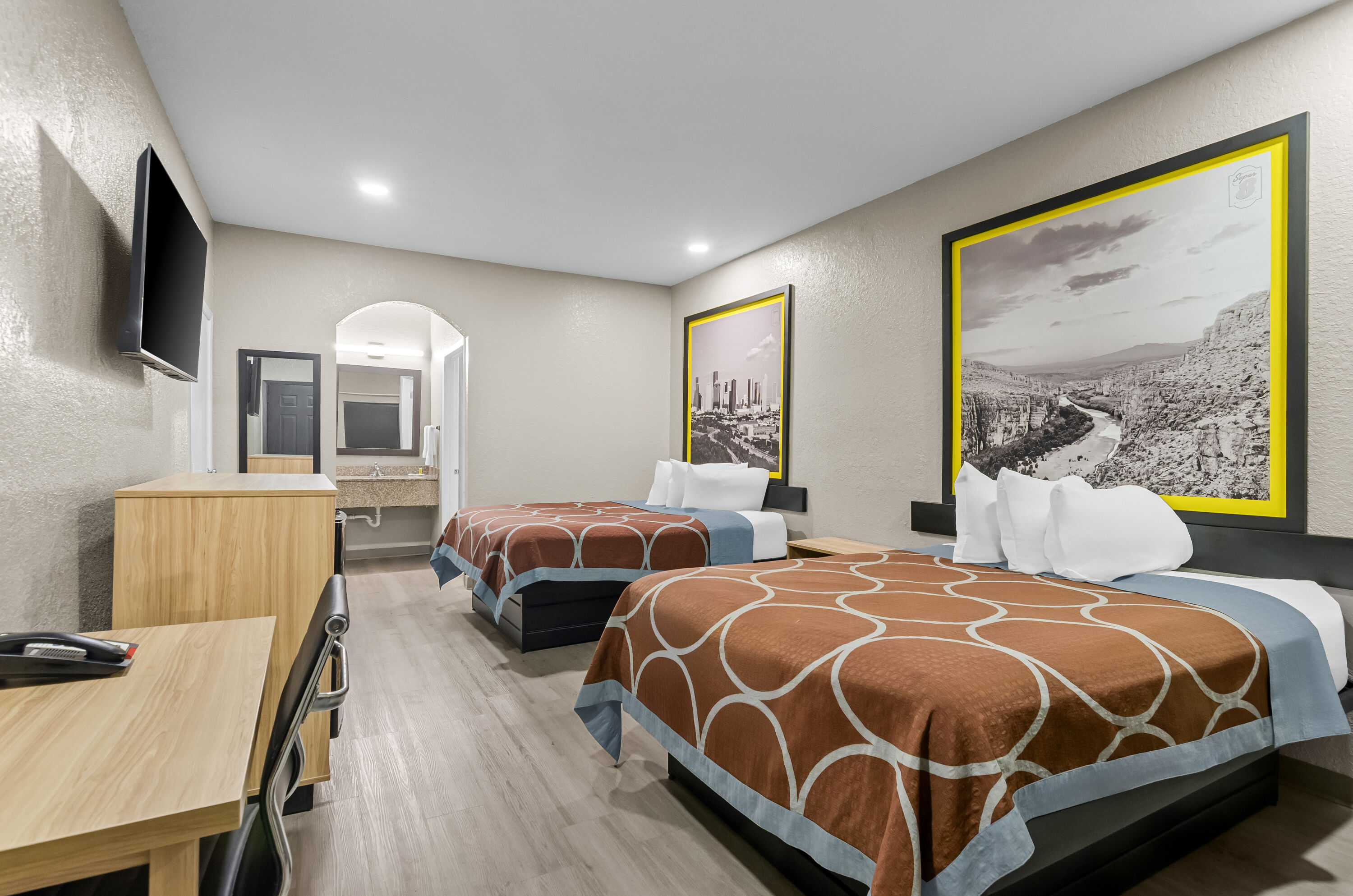 Double bed guest room at the Super 8 by Wyndham Houston/Brookhollow NW in Houston, Texas
