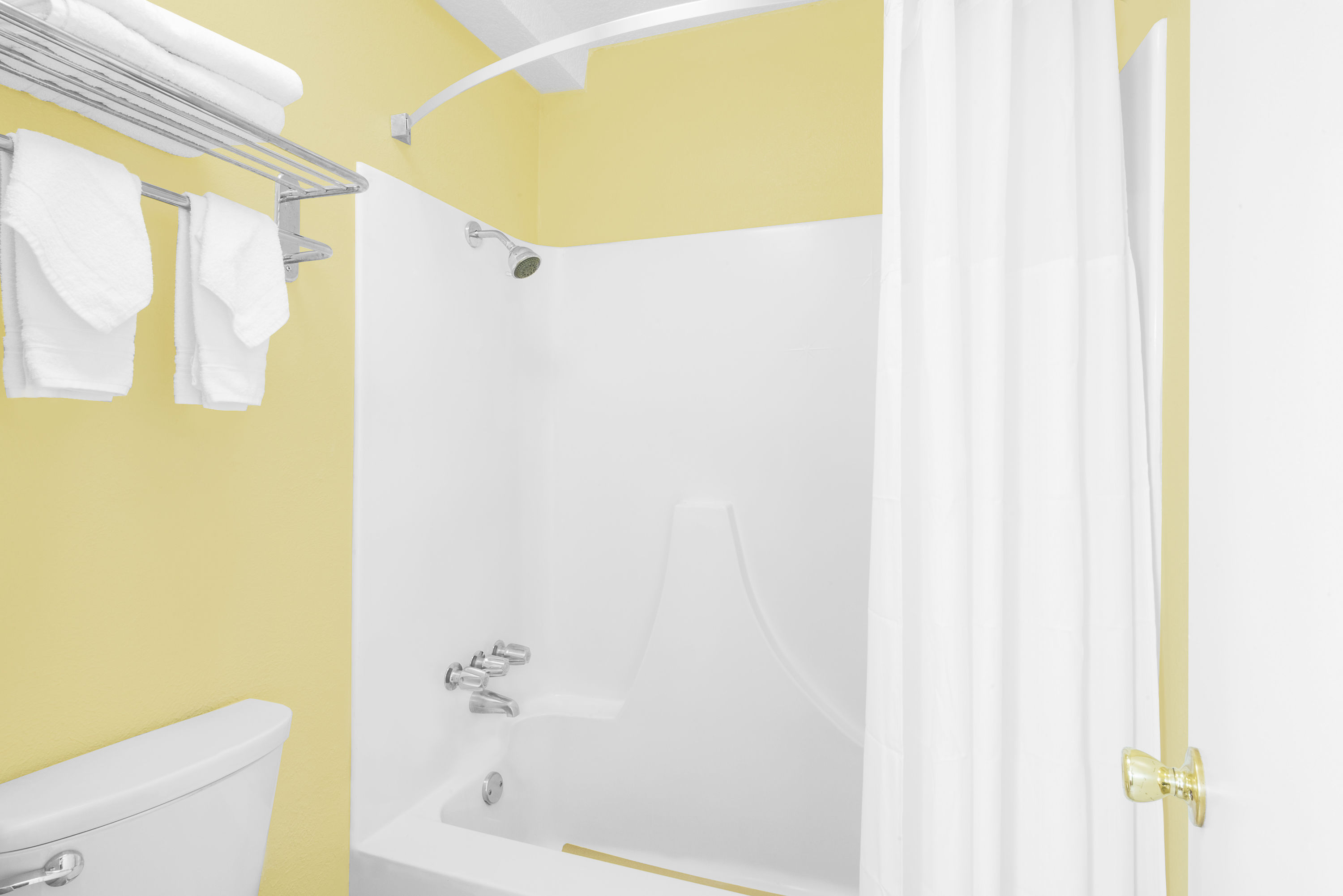 Guest room bath at the Super 8 by Wyndham Kerrville TX in Kerrville, Texas