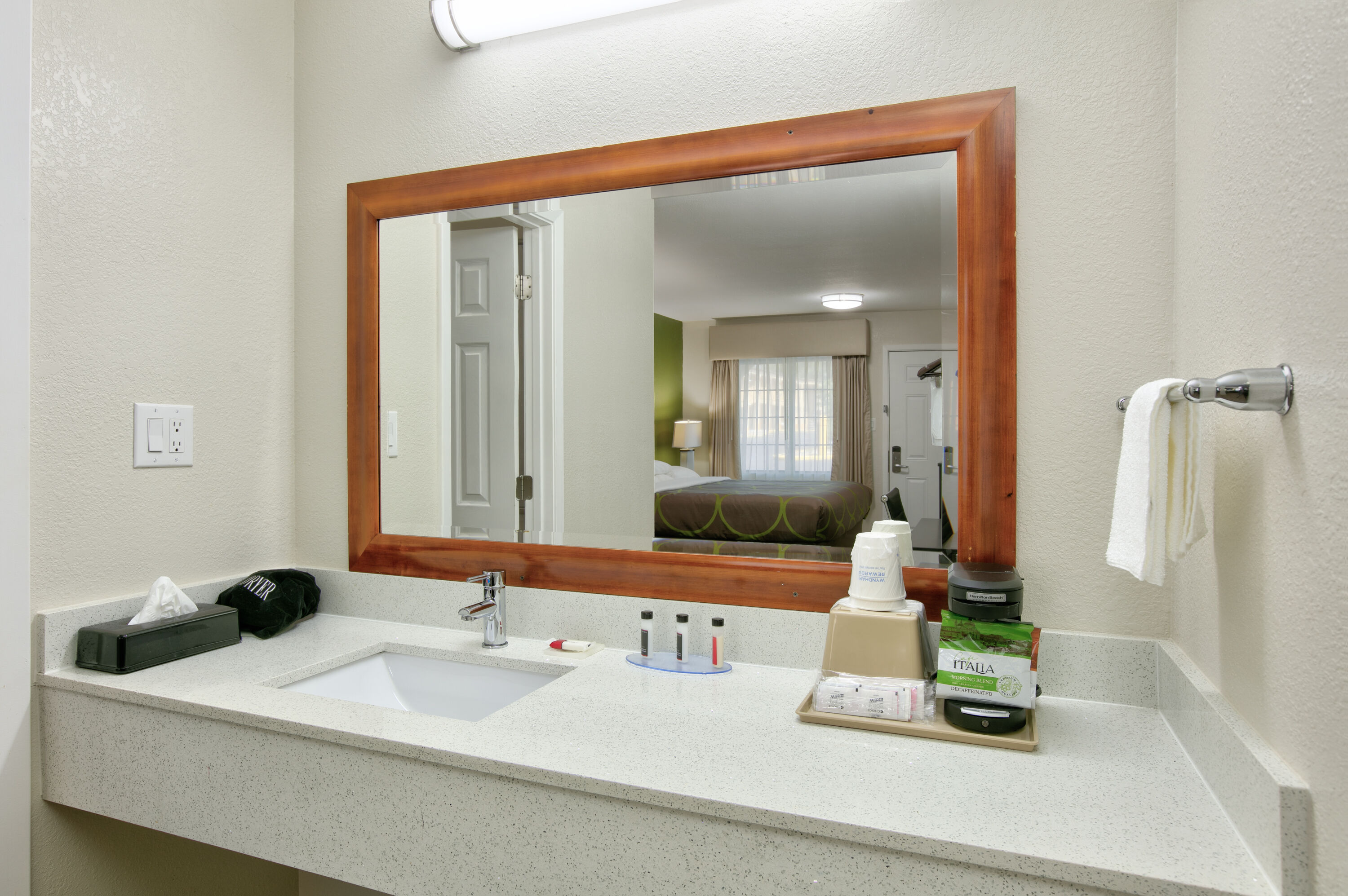 Guest room bath at the Super 8 by Wyndham Palestine TX in Palestine, Texas