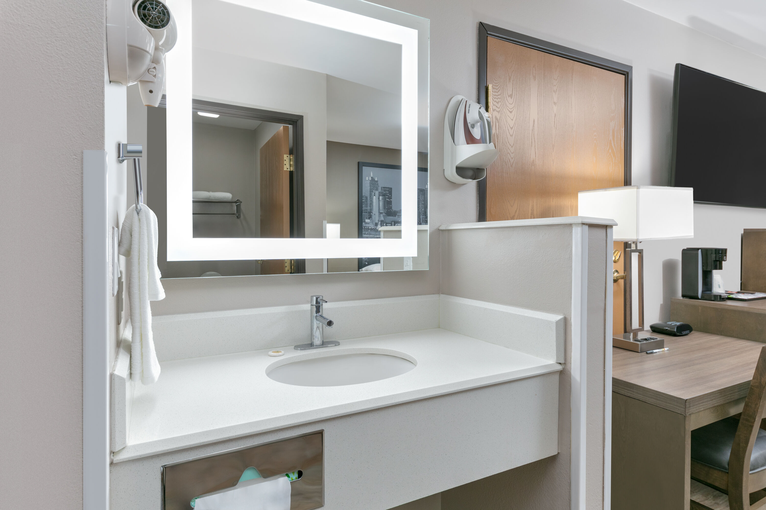 Guest room bath at the Super 8 by Wyndham Waxahachie TX in Waxahachie, Texas