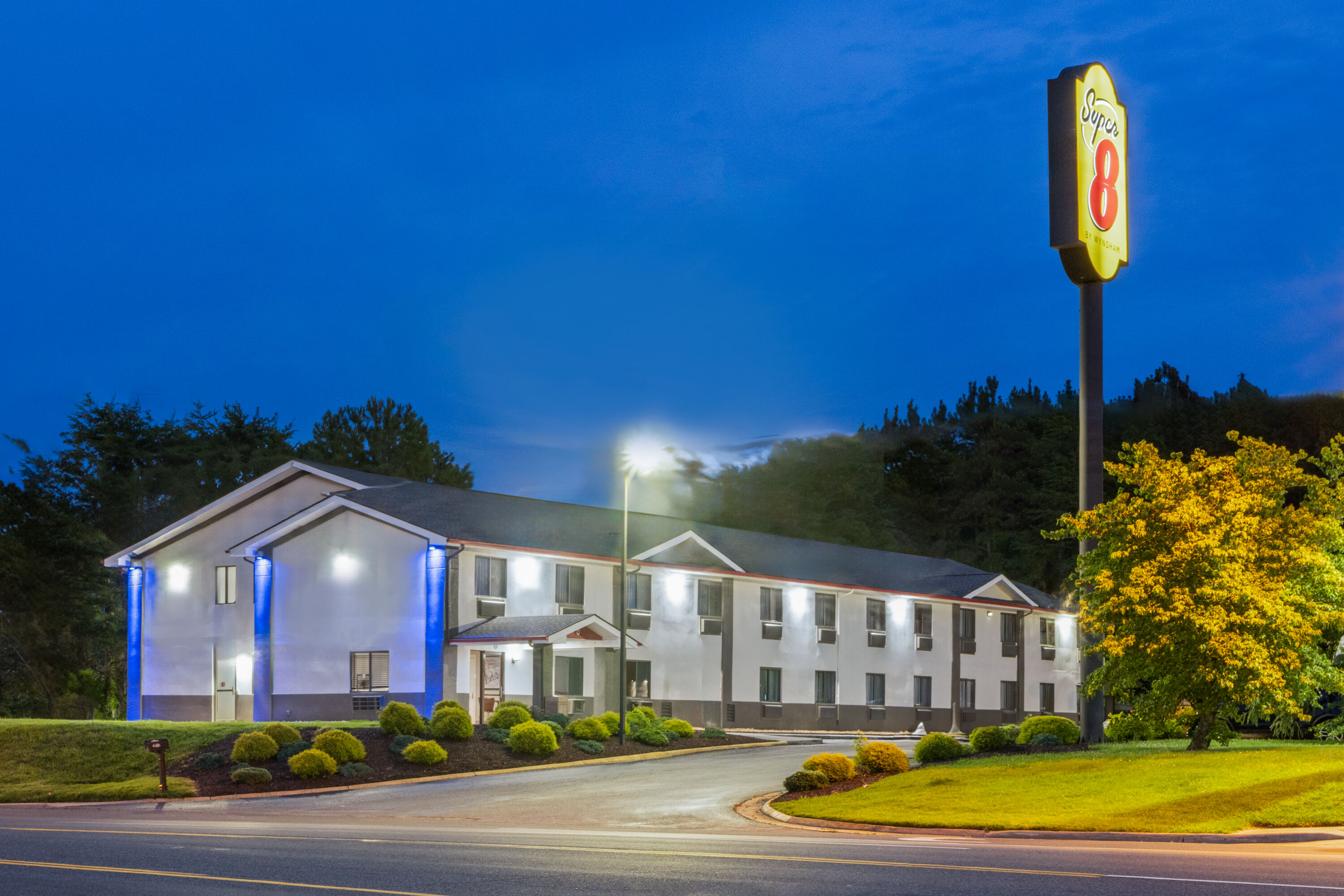 Exterior Dusk Image of Super 8 by Wyndham Farmville hotel in Farmville, Virginia