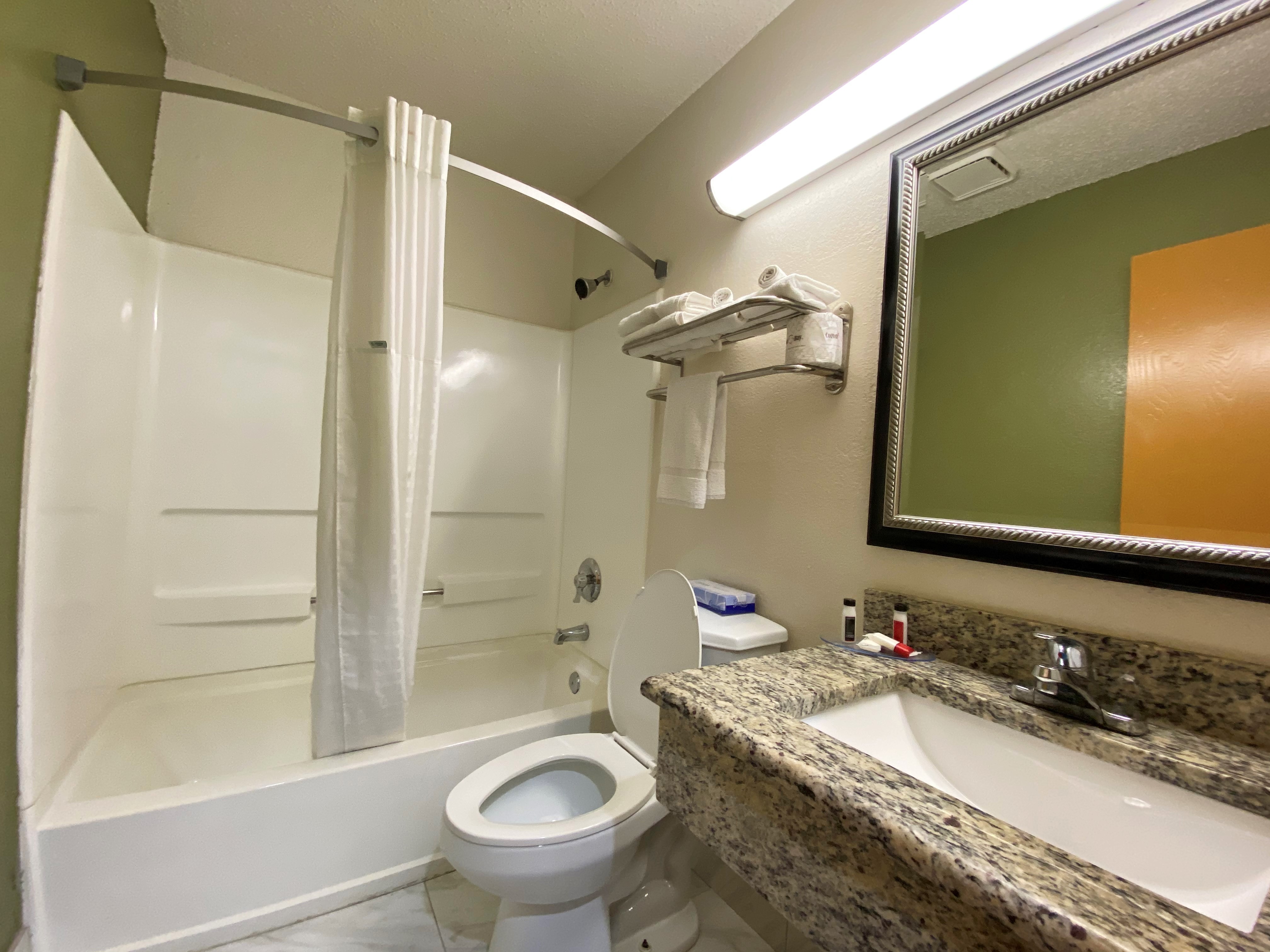 Guest room bath at the Super 8 by Wyndham Newport News/Jefferson Ave. in Newport News, Virginia