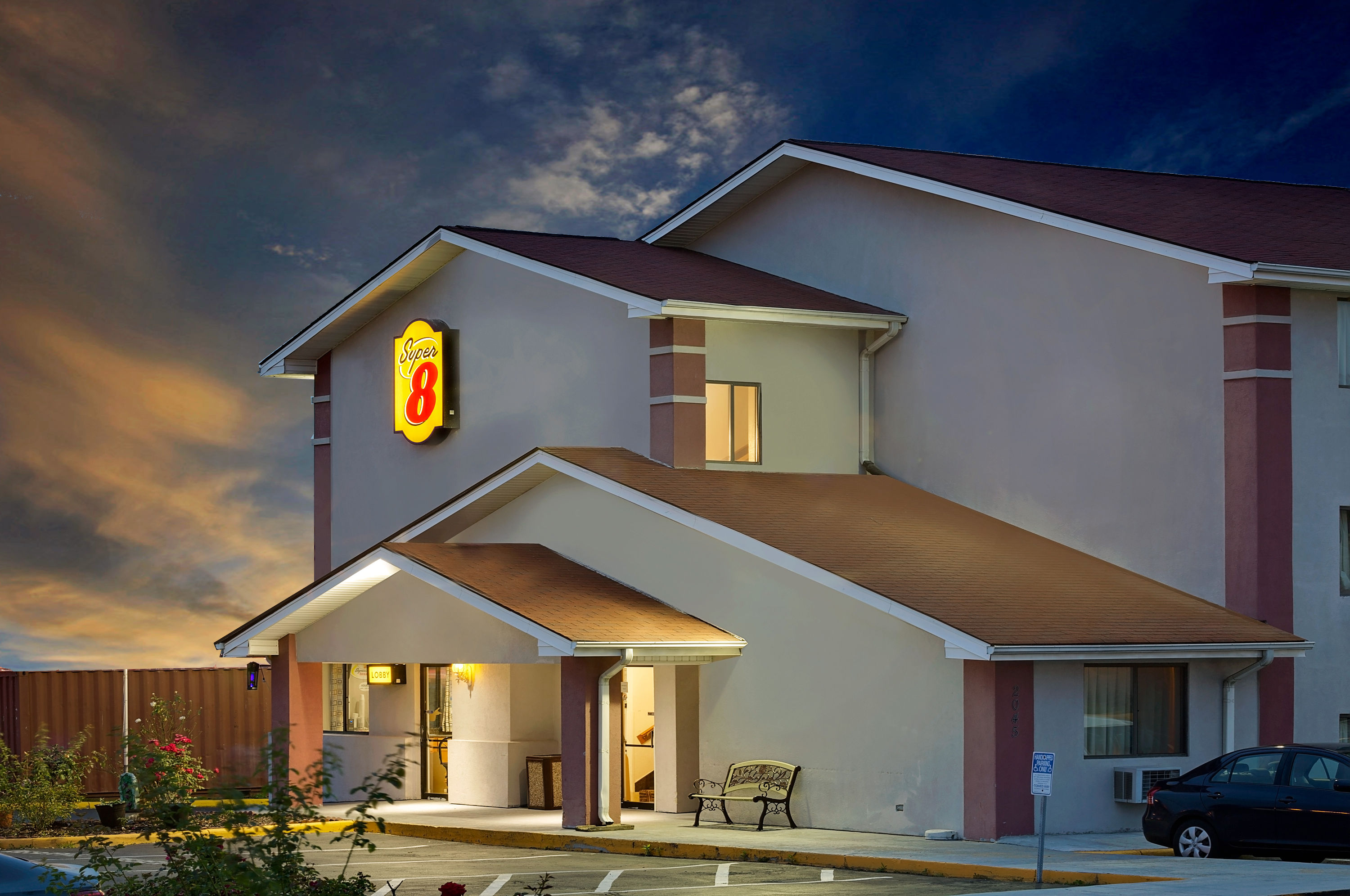 Exterior Dusk Image of Super 8 by Wyndham Waynesboro hotel in Waynesboro, Virginia