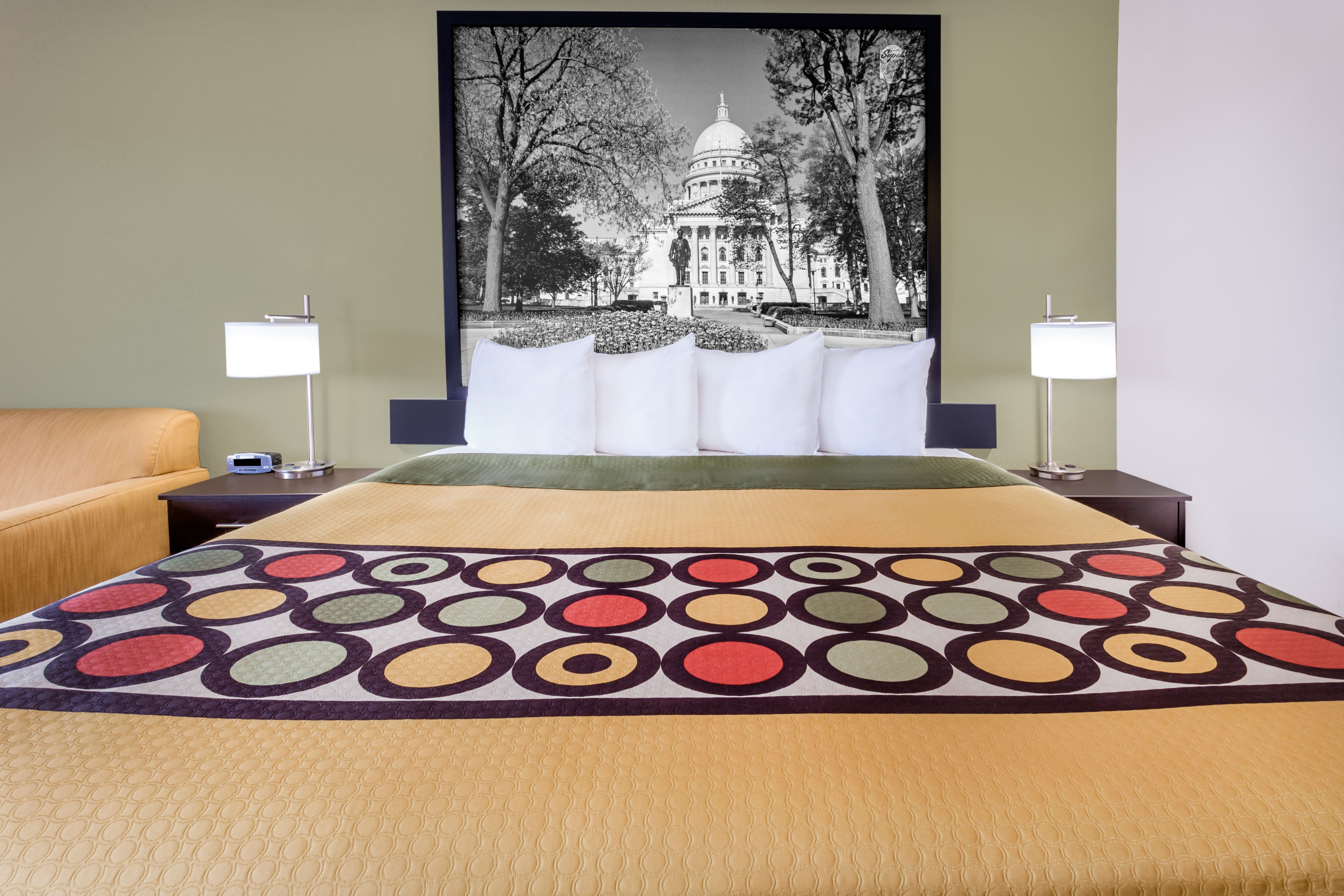 Guest room at the Super 8 by Wyndham Madison South in Madison, Wisconsin