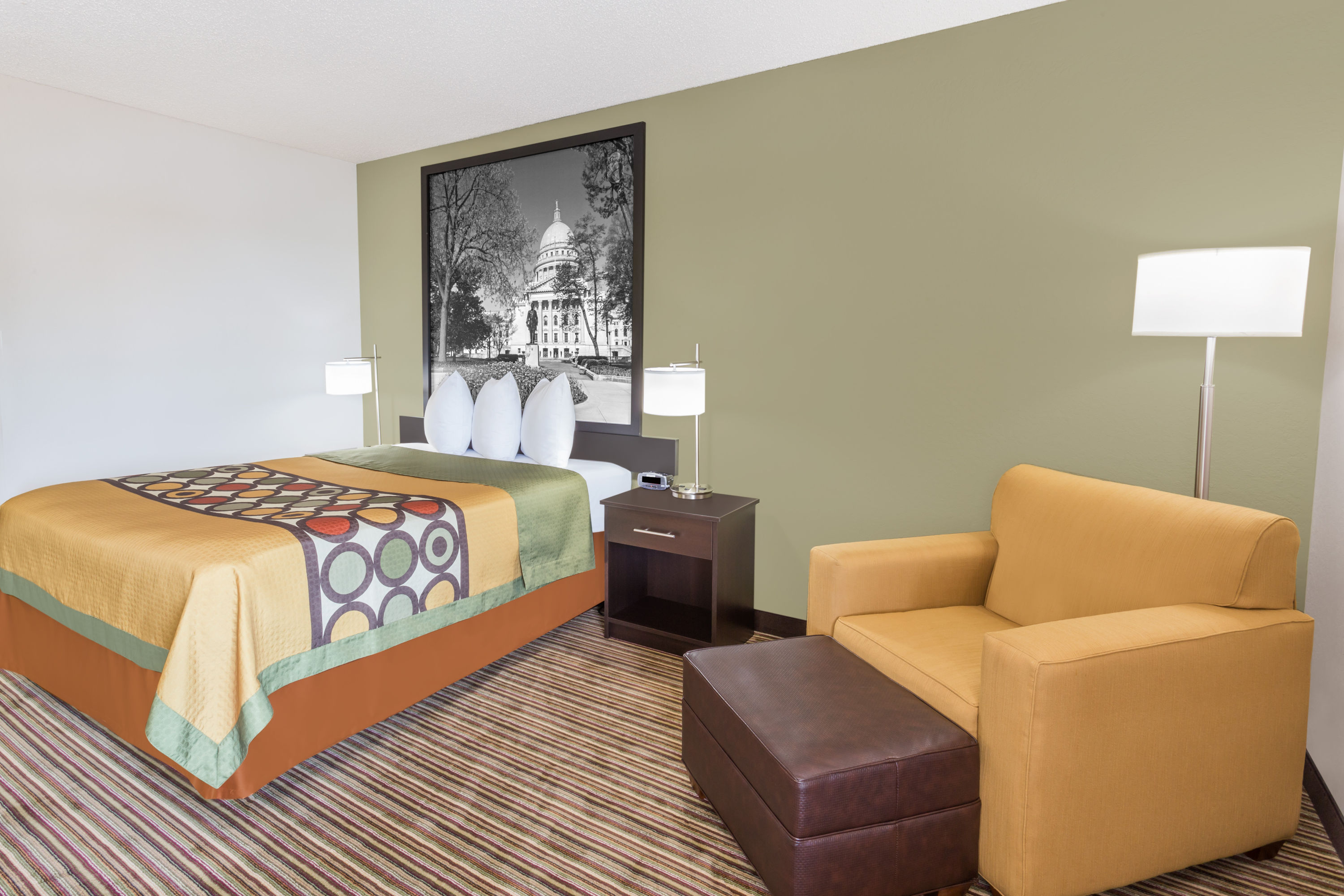Guest room at the Super 8 by Wyndham Madison South in Madison, Wisconsin
