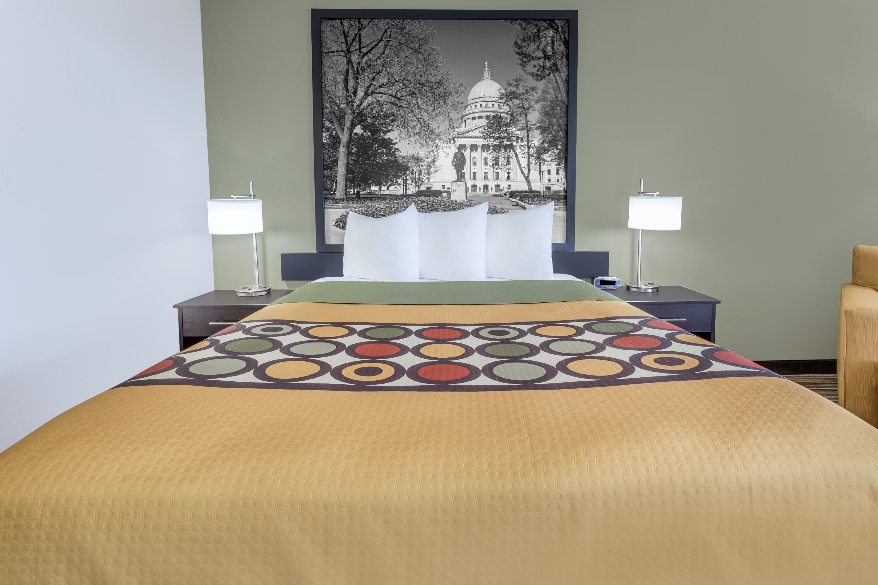 Guest room at the Super 8 by Wyndham Madison South in Madison, Wisconsin