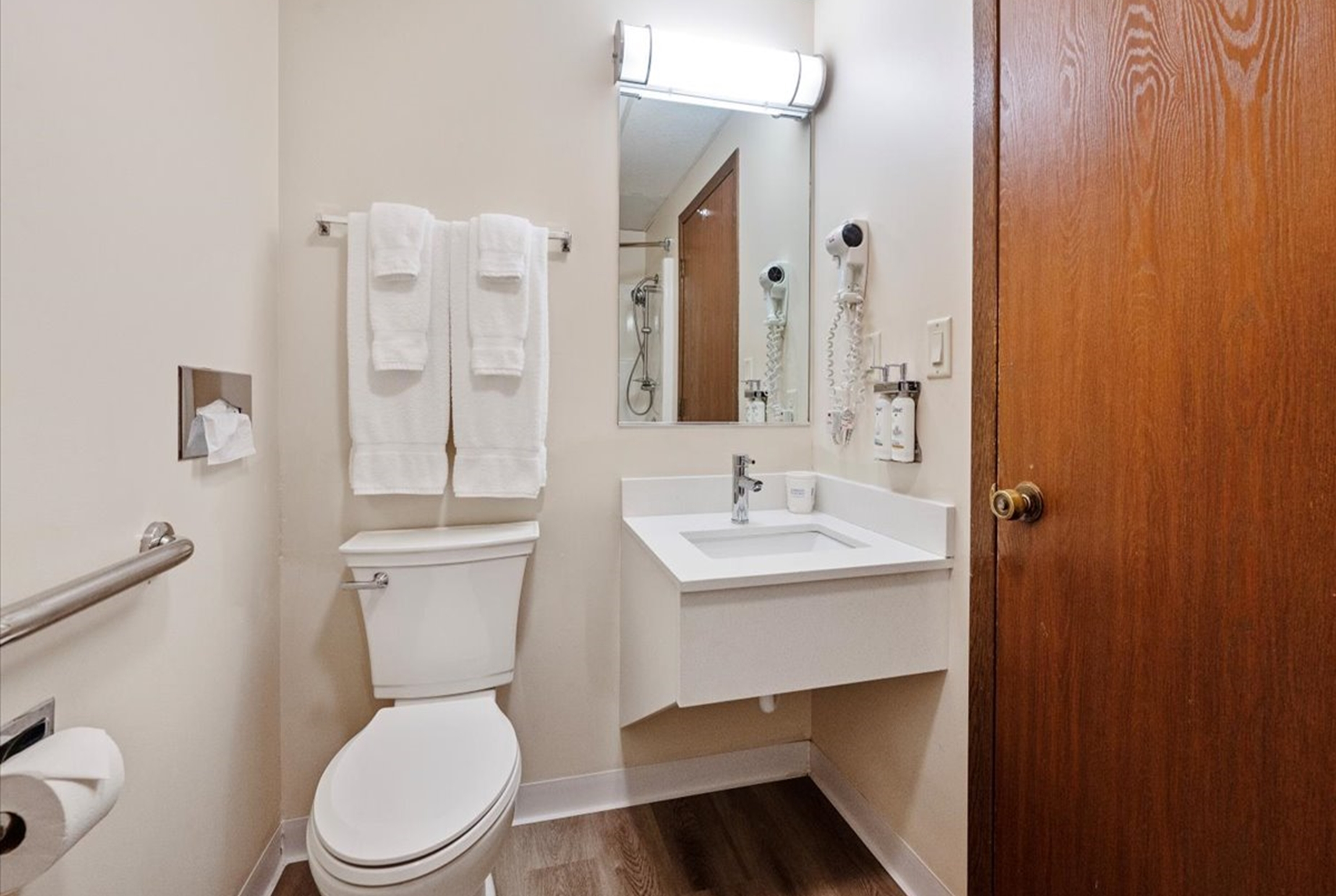 Guest room bath at the Super 8 by Wyndham Superior WI in Superior, Wisconsin