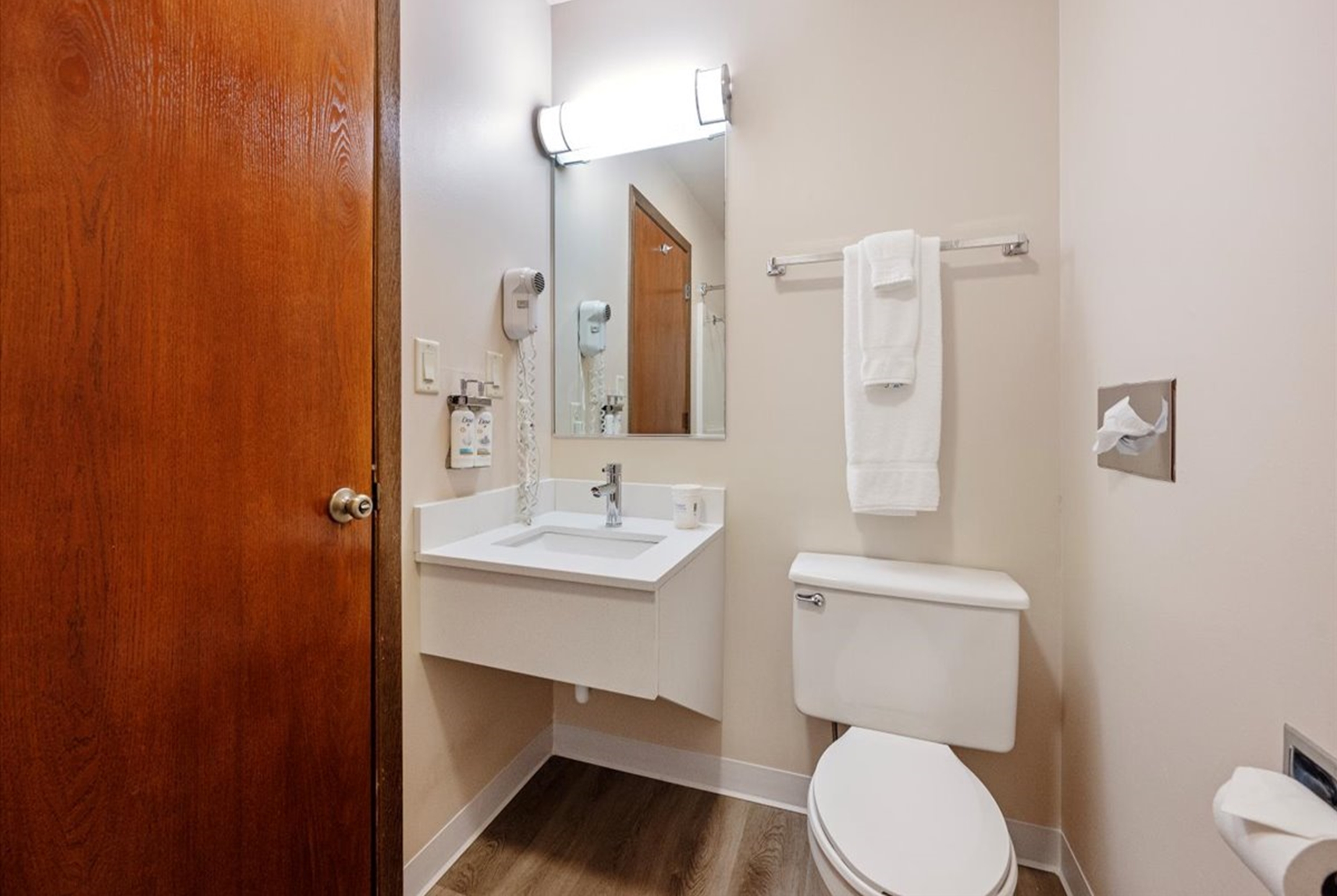 Guest room bath at the Super 8 by Wyndham Superior WI in Superior, Wisconsin