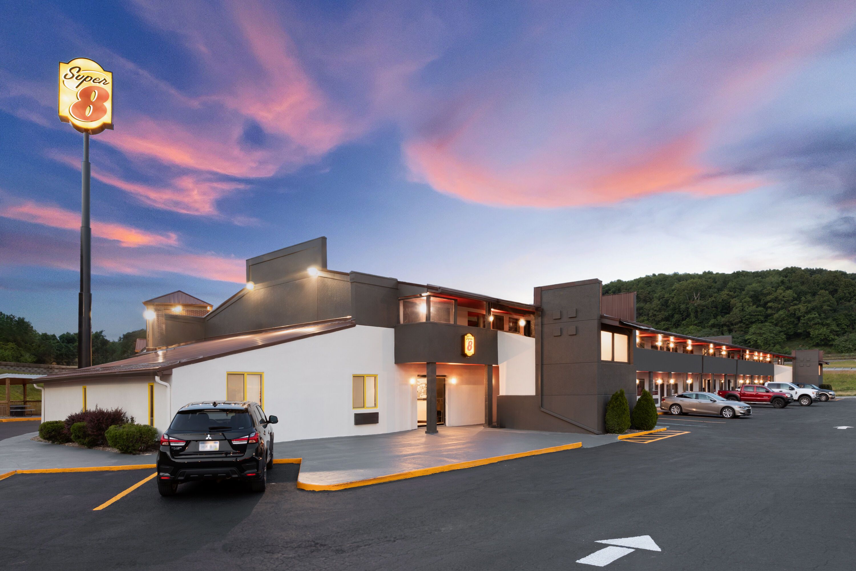 Exterior Dusk Image of Super 8 by Wyndham Bridgeport/Clarksburg Area hotel in Bridgeport, West Virginia