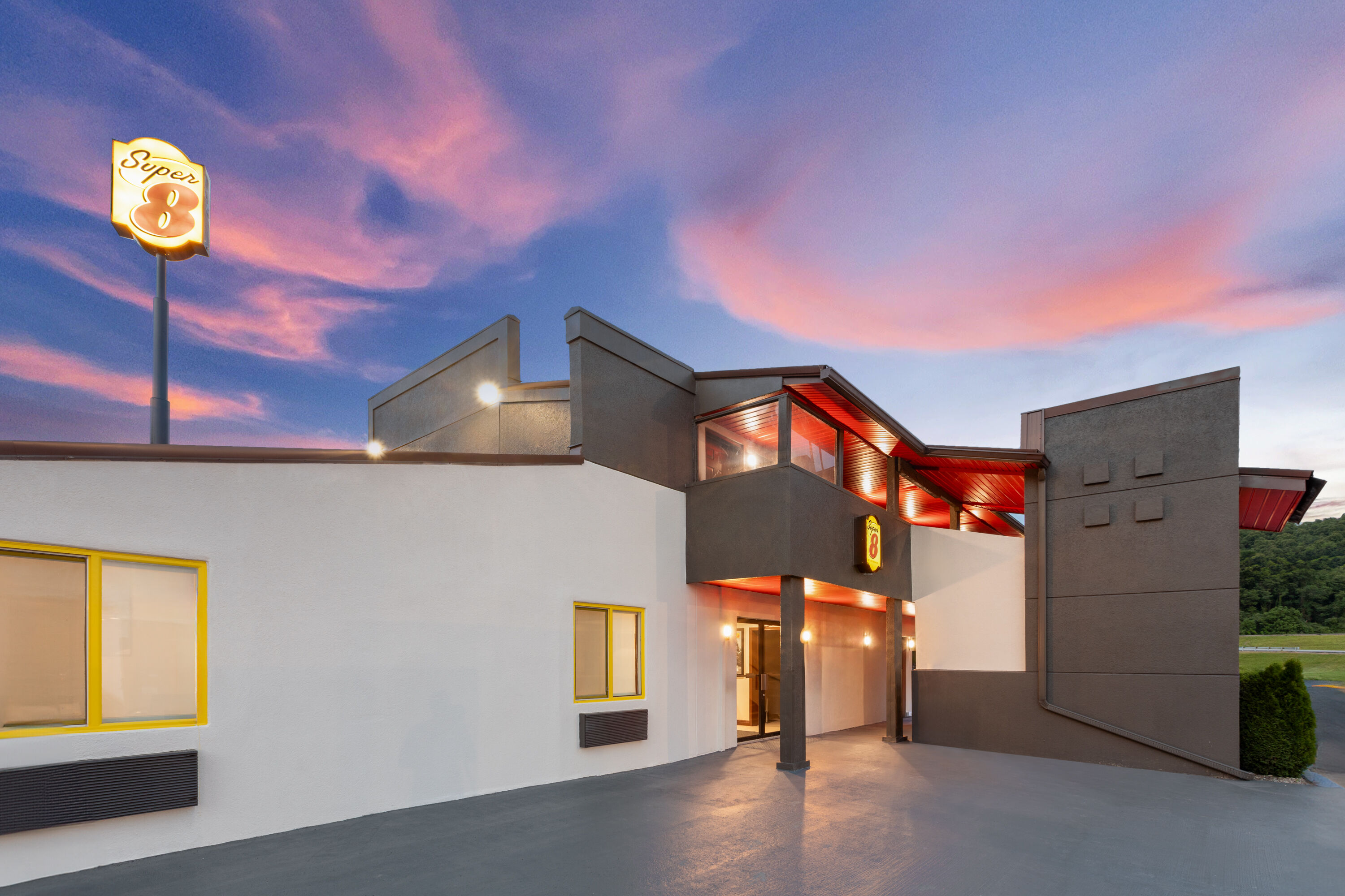 Exterior Dusk Image of Super 8 by Wyndham Bridgeport/Clarksburg Area hotel in Bridgeport, West Virginia