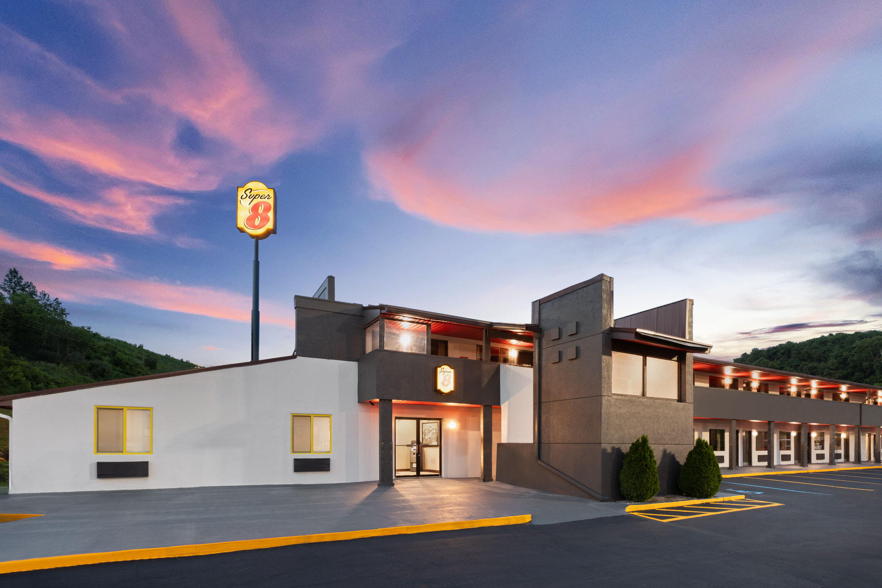Exterior Dusk Image of Super 8 by Wyndham Bridgeport/Clarksburg Area hotel in Bridgeport, West Virginia